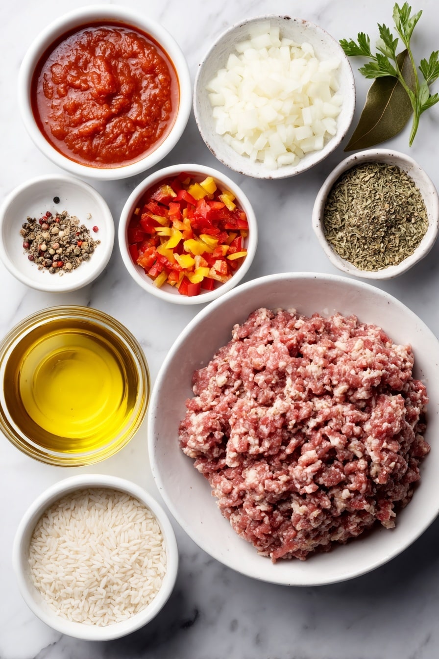 Flat lay of a small puddle of extra virgin olive oil on a simple white ceramic plate, a small mound of fresh ground beef, a small white bowl of diced white onions, a small white bowl of minced garlic, a small white bowl of diced red, orange, and yellow bell peppers, a small white bowl of petite diced tomatoes, a small white bowl of smooth tomato sauce, a small white bowl of water, a small white bowl of low sodium beef broth, a few sprigs of fresh parsley, a whole bay leaf, a small white bowl of long grain white rice, a small white bowl of black pepper, a small white bowl of red pepper flakes, a small white bowl of dried parsley, a small white bowl of dried basil, a small white bowl of dried oregano, placed on a clean white marble surface, soft natural light, photo taken with an iPhone, professional food photography style, fresh ingredients, white ceramic bowls, no bottles, no duplicates, no utensils, no packaging --ar 2:3 --v 7 --p m7354615311229779997 - Stuffed Pepper Soup, hearty stuffed pepper soup, easy stuffed pepper soup recipe, wholesome stuffed pepper soup, comforting stuffed pepper soup