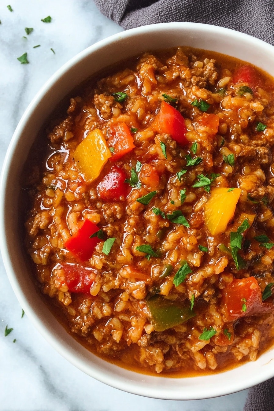 A close-up view of a dark blue pot filled with a thick stew made of small grains, ground meat, and chopped red and yellow bell peppers, all in a rich reddish-brown sauce. A silver ladle lifts a portion of the stew from the pot showing detail of each ingredient mixed together, with the red and yellow peppers being prominent among the textured meat and grains. The pot sits on a white marbled surface. The photo taken with an iphone --ar 2:3 --v 7 - Stuffed Pepper Soup, hearty stuffed pepper soup, easy stuffed pepper soup recipe, wholesome stuffed pepper soup, comforting stuffed pepper soup