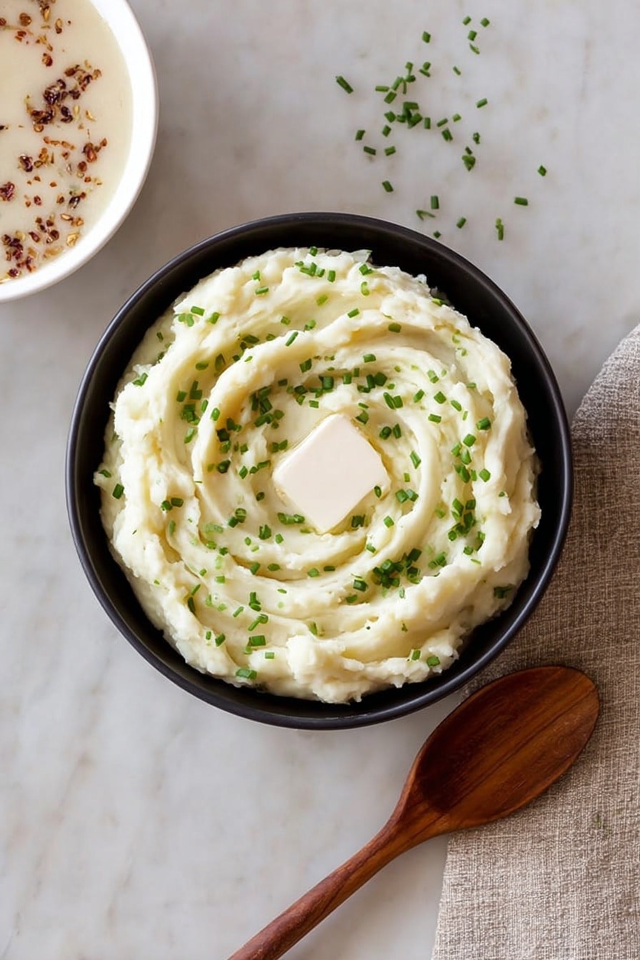 A round black bowl filled with creamy mashed potatoes shaped into soft swirls with a small round scoop of white butter in the center, sprinkled with small green chives evenly across the top; near the bowl is a wooden spoon resting on a white marbled surface, and a part of a white bowl with brown bits in beige sauce is visible at the top left corner photo taken with an iphone --ar 2:3 --v 7 - Garlic Goat Cheese Mashed Potatoes, roasted garlic mashed potatoes, creamy goat cheese mashed potatoes, easy mashed potato recipes, gourmet mashed potatoes