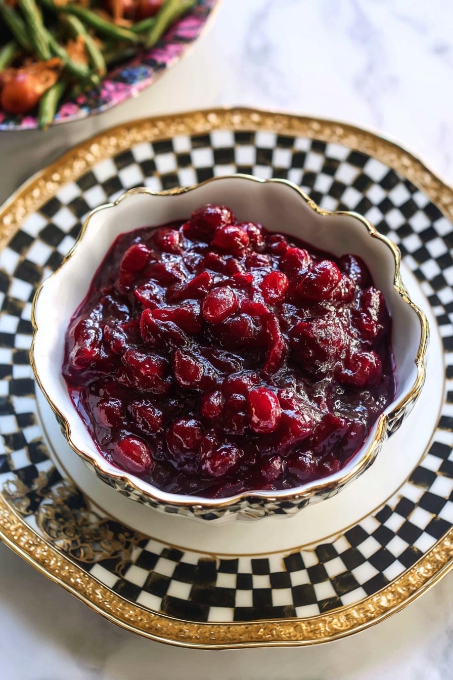 The image shows a close-up of a bowl filled with dark red cranberry sauce, with whole and slightly crushed cranberries sitting in a thick syrup. The bowl has a round shape with a scalloped edge, decorated in a checkerboard pattern of black and white squares, and a shiny gold rim around the top edge. The bowl sits on a white marbled surface, partly surrounded by green leaves and a matching lid with a similar checkerboard and wheat design leaning in the background. The shine on the cranberries and syrup shows a moist, glossy texture. photo taken with an iphone --ar 2:3 --v 7 - Chipotle Cranberry Chutney, spicy cranberry chutney, holiday cranberry sauce, smoky cranberry condiment, fruity savory chutney