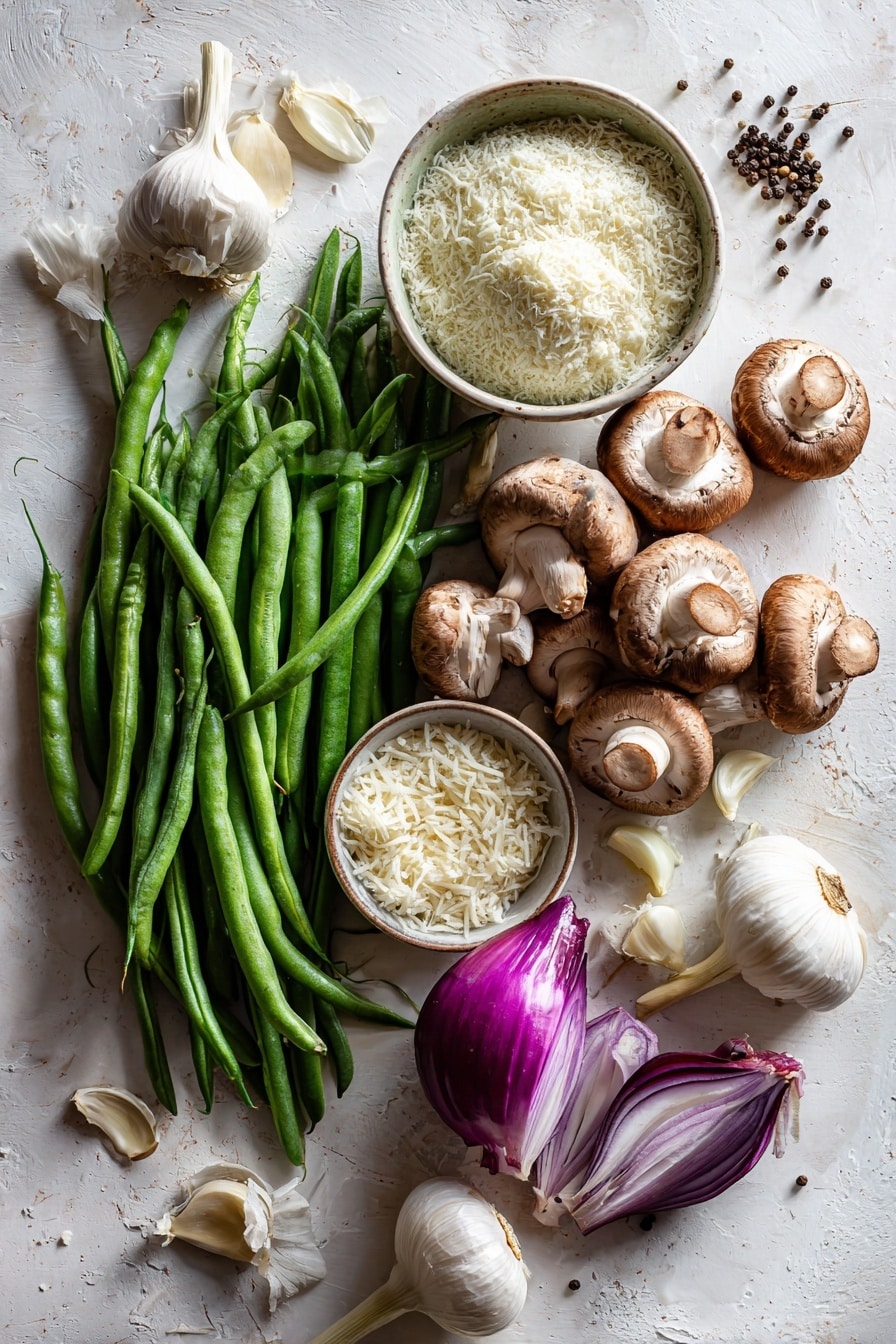 Flat lay of fresh green beans snapped in half with vibrant deep green hues, sweet onions thinly sliced showcasing their crisp white and purple layers, a cluster of cremini mushrooms with their rich brown caps and creamy undersides, several garlic cloves with smooth, off-white papery skins, a small mound of finely grated Parmigiano Reggiano cheese in pale yellow, and a shallow bowl of buttermilk with its creamy white tone, all naturally arranged with a few scattered whole peppercorns for texture contrast, placed on white marbled surface, photo taken with an iphone --ar 2:3 --v 7 - Green Bean Casserole with French Fried Onions, homemade green bean casserole, crispy onion green bean bake, holiday green bean casserole, easy green bean casserole
