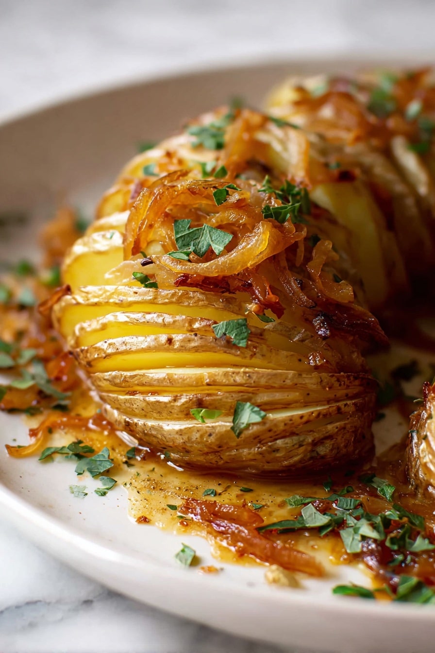 The dish shows a stack of thinly sliced golden-yellow potatoes arranged in layers with crispy edges, placed in the center of a white plate. Around the stack, there is a layer of cooked onions that are caramelized to a brown-orange color, mixed with small green herbs scattered over and around the potatoes. Two separate slices of potato sit behind the stack, revealing brown-skinned edges and pale yellow centers. A shiny silver fork lies on the left side of the plate, resting on the onions. The whole scene is set on a white marbled surface. Photo taken with an iphone --ar 2:3 --v 7 - Brown Butter Hasselback Potatoes with Caramelized Onions, Hasselback potato side dishes, caramelized onion potato recipes, crispy Hasselback potatoes, elegant potato side dish