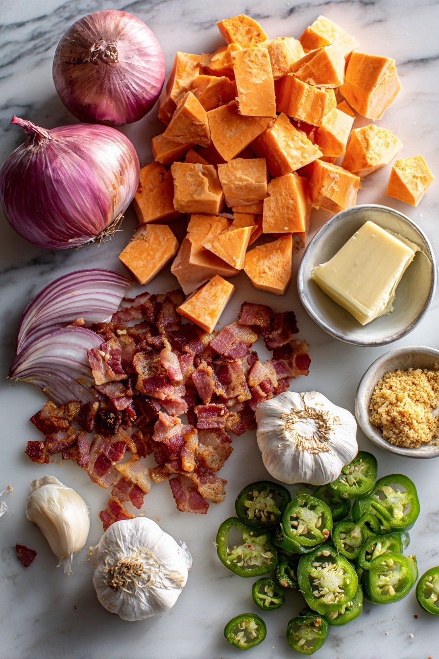 Flat lay of peeled and chopped sweet potatoes with vibrant orange flesh, crispy cooked bacon pieces in deep reddish-brown tones, thinly sliced pale purple shallots, fresh garlic cloves with smooth white skins, a small pat of creamy golden butter, a handful of light golden panko breadcrumbs, and bright green crispy fried jalapeños scattered naturally, all placed on white marbled surface, photo taken with an iphone --ar 2:3 --v 7 - Savory Sweet Potato Casserole with Bacon, Caramelized Shallots, and Crispy Jalapeños, sweet potato casserole with bacon and jalapeños, gourmet sweet potato bake, savory sweet potato side dish, spicy bacon sweet potato recipe