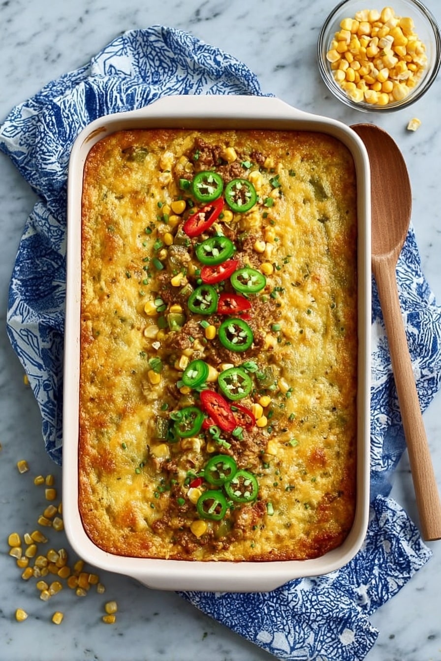 A close-up of a white rectangular casserole dish filled with a golden brown baked layer as the base. On the top center, there is a line of crunchy chips in greenish tones, mixed with yellow cooked corn kernels. Scattered among these are thin slices of green and red chili peppers, showing their round shape and seeds inside. The dish sits on a blue and white patterned cloth, and the background is a white marbled texture with blurred red and green peppers in the distance. Photo taken with an iphone --ar 2:3 --v 7 - Jalapeño Corn Soufflé, jalapeño corn side dish, cheesy corn soufflé, spicy corn casserole, festive corn recipe