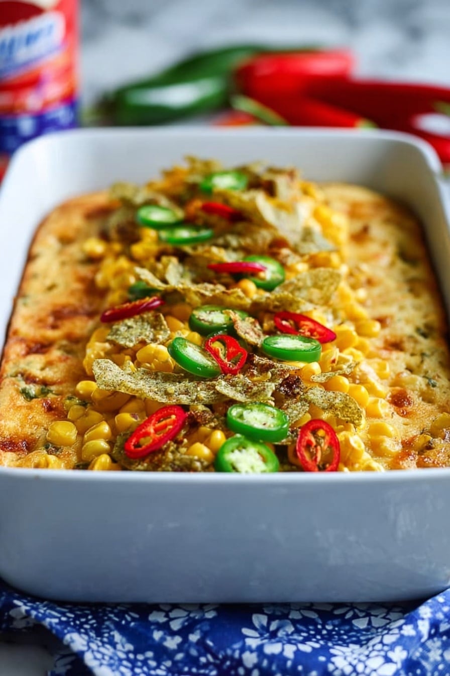 A rectangular white baking dish holds a baked casserole with a golden-brown top layer that looks crispy and smooth across the surface. On top, there is a narrow pile running down the center, made of green sliced jalapeños, red sliced chili peppers, yellow corn kernels, and browned pieces of what looks like seasoned meat, adding texture and color contrast. A wooden spoon with a simple handle rests on the right side of the dish, partially under the edge of the casserole. The dish sits on a white marbled surface with a blue and white patterned cloth underneath it, and a small clear bowl of yellow corn kernels is placed nearby on the left side. Photo taken with an iphone --ar 2:3 --v 7 - Jalapeño Corn Soufflé, jalapeño corn side dish, cheesy corn soufflé, spicy corn casserole, festive corn recipe
