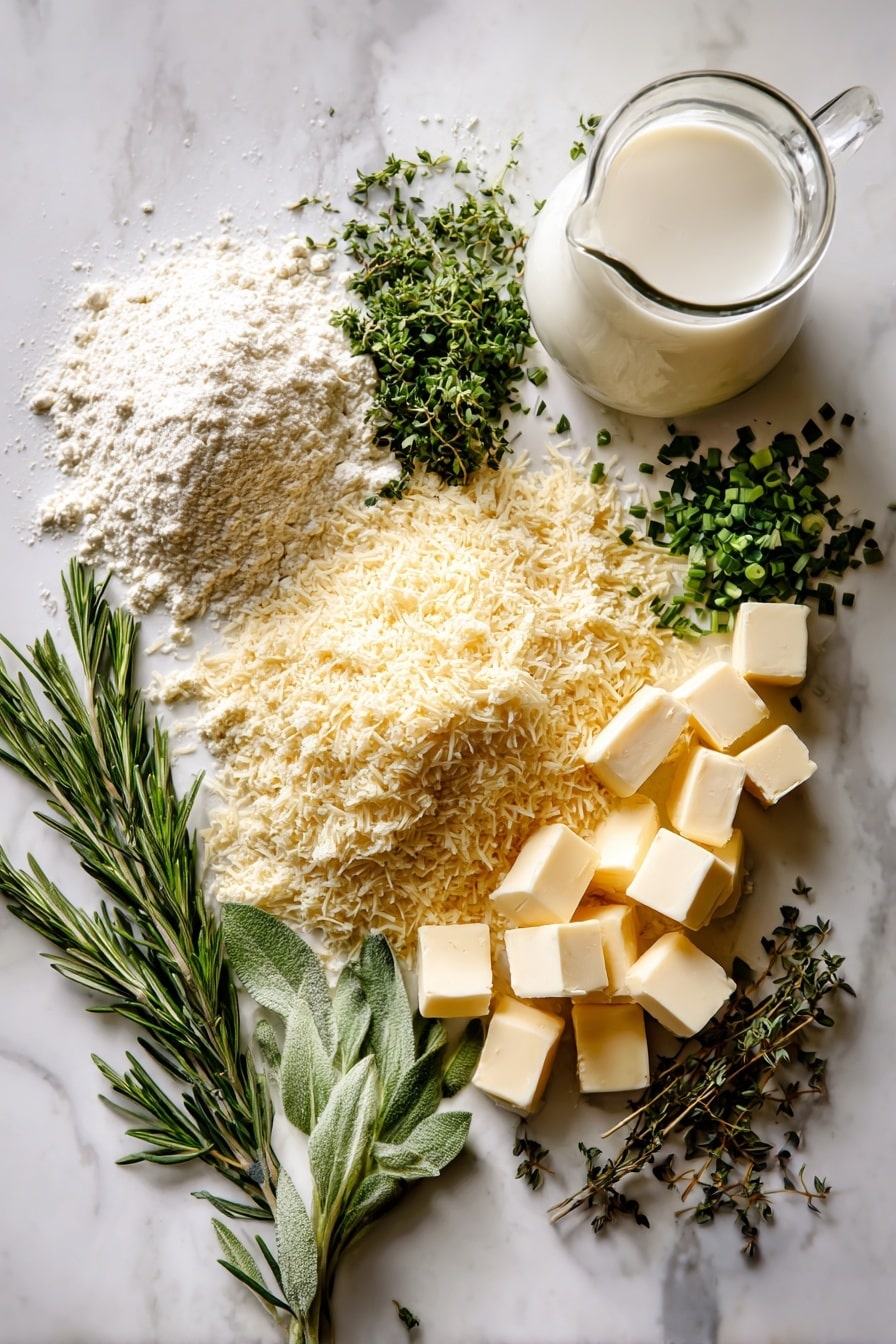 Flat lay of freshly grated gruyere cheese with its pale yellow, slightly crumbly texture, small cubes of cold unsalted butter in creamy ivory, a vibrant mix of chopped fresh herbs including rosemary’s dark green needles, thyme’s tiny rounded leaves, bright green chives, soft parsley, and sage with silvery-green leaves, a mound of fine all-purpose flour in soft white, scattered coarse kosher salt crystals sparkling gently, a small heap of baking powder in light beige, and a glass jug of smooth, creamy buttermilk beside thick, white sour cream with a velvety texture, all beautifully arranged with natural gaps and slight overlaps, placed on white marbled surface, photo taken with an iphone --ar 2:3 --v 7 - Gruyere Herb Slab Biscuits, cheesy flaky biscuit recipe, herb-infused biscuits, gourmet biscuit recipe, homemade cheese biscuits