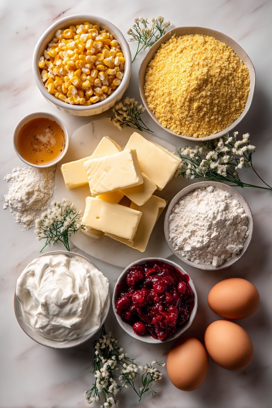 Flat lay of golden yellow fresh sweet corn kernels scattered beside smooth pale yellow unsalted butter blocks, vibrant deep red whole berry cranberry sauce glistening next to creamy soft butter, bright white Greek yogurt dollops with a silky texture, light beige finely ground cornmeal with a slightly grainy surface, off-white all-purpose flour dusted in small piles, warm brown speckled browned butter in a small pool showing rich nutty hues, and fresh large eggs with smooth light brown shells, all beautifully arranged with small sprigs of green herbs for a touch of color, placed on white marbled surface, photo taken with an iphone --ar 2:3 --v 7 - Brown Butter Cornbread with Cranberry Butter, flavorful cornbread recipes with cranberry butter, nutty browned butter cornbread, festive holiday cornbread, easy cornbread with fruit toppings