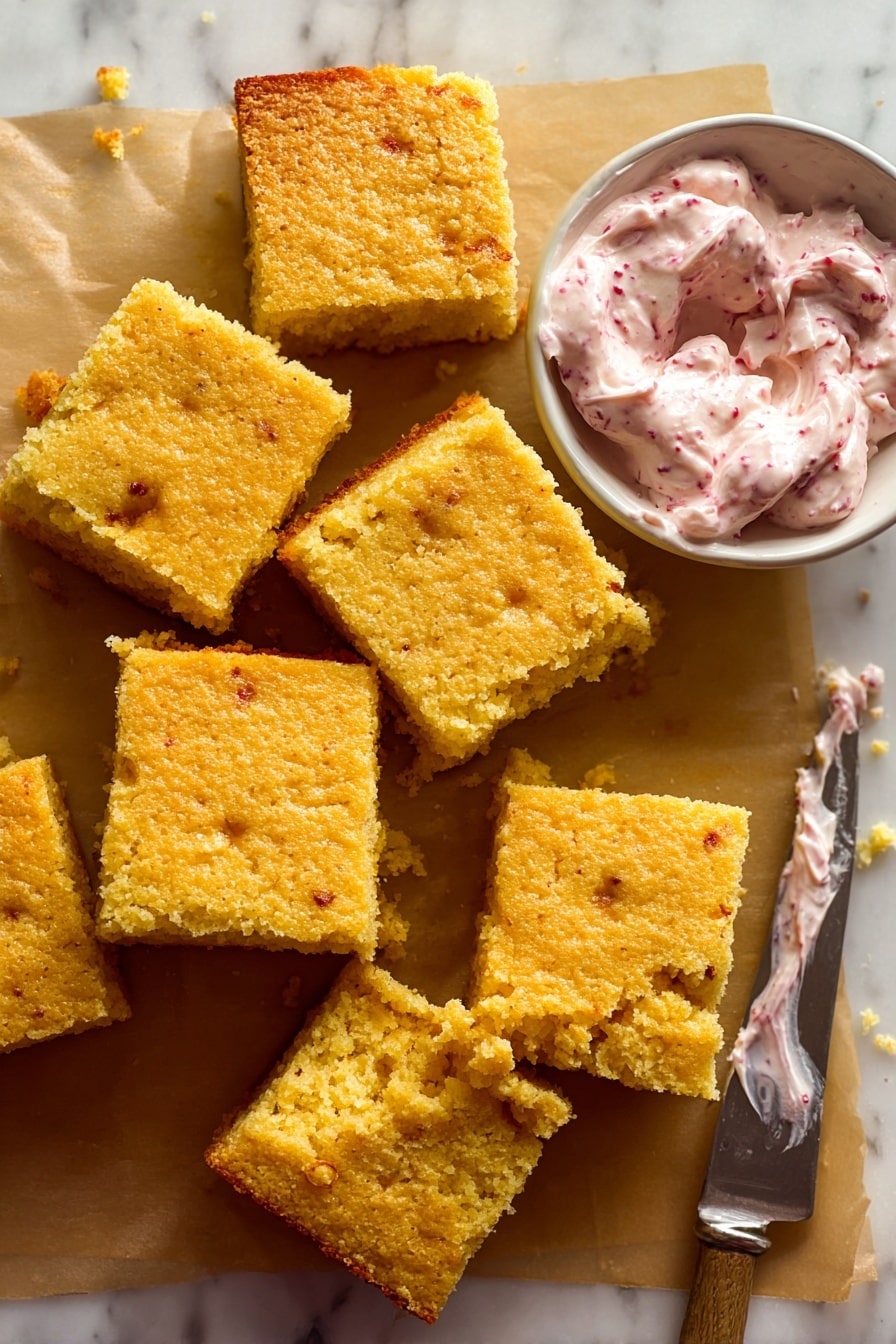 A close-up of a square piece of yellow cornbread showing its crumbly texture with bits of corn inside, topped with a dollop of smooth, pale pink butter. The cornbread is sitting on light brown parchment paper on a white marbled surface. There are a few crumbs scattered around and a silver knife holds some more of the pink butter in front of the cornbread. In the background, other square pieces of cornbread are visible but out of focus, adding depth to the image. photo taken with an iphone --ar 2:3 --v 7 - Brown Butter Cornbread with Cranberry Butter, flavorful cornbread recipes with cranberry butter, nutty browned butter cornbread, festive holiday cornbread, easy cornbread with fruit toppings