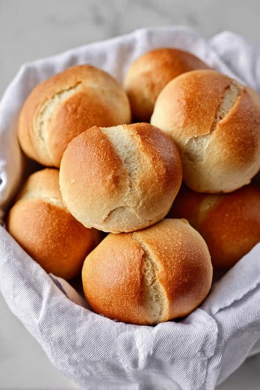 A single golden brown muffin with a rounded top sits centered on a white plate with a light blue interior and a thin brown edge, placed on a white marbled surface. In the background, a dark brown woven basket lined with a white cloth holds more muffins, slightly blurred to keep focus on the muffin in front. The overall lighting is soft and natural, highlighting the muffin's textured top and slightly darker bottom. photo taken with an iphone --ar 2:3 --v 7 - Buttery Cloverleaf Rolls, fluffy bread rolls, homemade bread, soft dinner rolls, buttery bread recipe