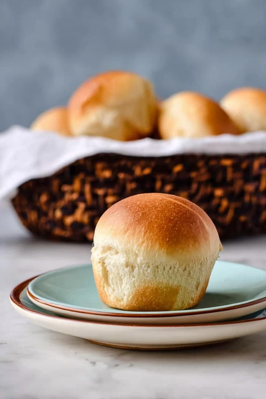 The image shows a pile of eight light golden brown bread rolls with a soft texture, arranged closely together on a white cloth inside a white bowl. Each bread roll is round with a slightly uneven, smooth surface and a small, deep split on top, giving them a homemade look. The background is a white marbled surface that contrasts softly with the warm tones of the bread, enhancing their fresh and inviting appearance. photo taken with an iphone --ar 2:3 --v 7 - Buttery Cloverleaf Rolls, fluffy bread rolls, homemade bread, soft dinner rolls, buttery bread recipe