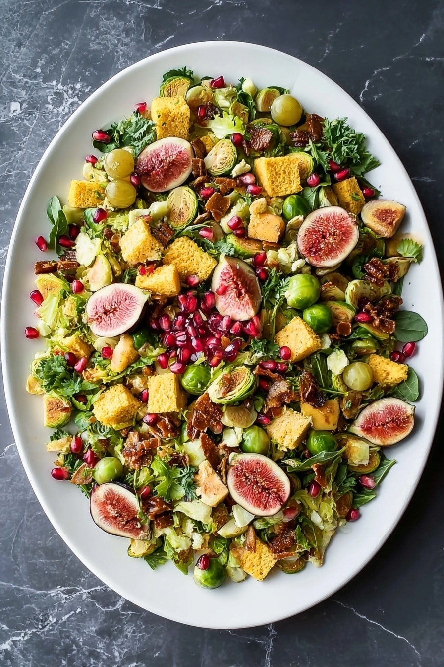 A large white oval plate sits on a white marbled surface filled with a colorful salad. The base layer is made of green Brussels sprouts and halved green grapes, mixed with pieces of yellow cornbread. Scattered throughout are chunks of cooked greens and small crispy brown bacon bits. Sliced fresh figs with pinkish interiors and some halved pomegranate fruit revealing bright red seeds add vibrant color on top. Loose pomegranate seeds are spread across the salad, adding small red dots. The salad looks fresh and textured with a mix of soft, crunchy, and juicy elements. Photo taken with an iphone --ar 2:3 --v 7 - Brussels Sprouts, Bacon, and Cornbread Panzanella Salad, Brussels Sprouts Bacon Cornbread Salad, Panzanella Salad with Brussels Sprouts and Bacon, Savory Brussels Sprouts Salad, Easy Fall Salad with Bacon and Cornbread