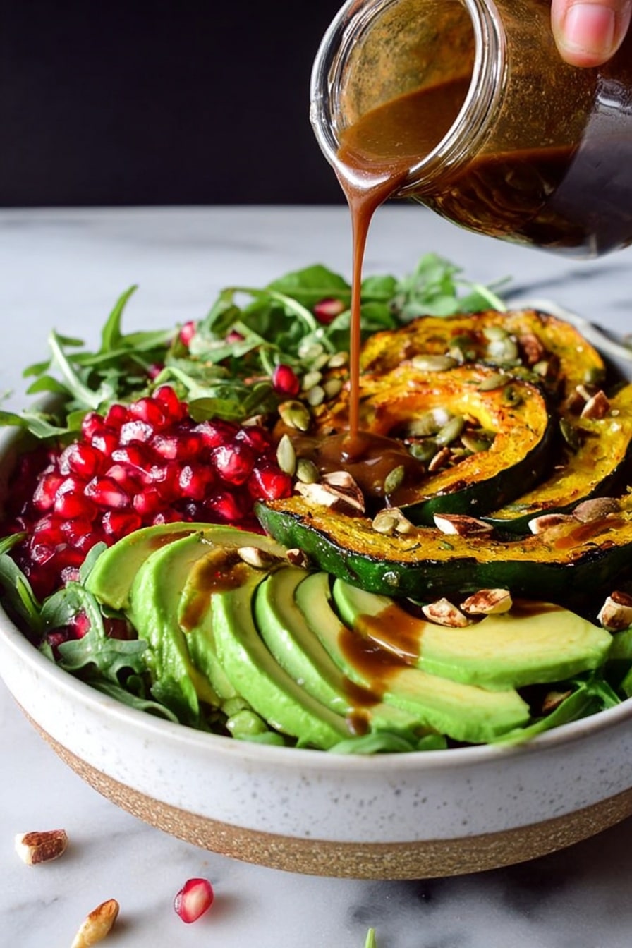The image shows a white bowl filled with a fresh salad on a white marbled surface. The salad has three main layers: at the bottom, there is a bed of dark green arugula leaves; in the middle, there are bright green avocado slices and glossy deep red pomegranate seeds scattered evenly; on the top, golden brown roasted squash slices with a slightly charred edge are arranged. A woman's hand is pouring a rich brown dressing from a jar onto the salad, creating a shiny coating on the avocado and greens. Small pieces of chopped nuts are sprinkled throughout the salad, adding texture. Photo taken with an iphone --ar 2:3 --v 7 - Autumn Arugula Salad with Roasted Acorn Squash, pomegranate, ginger vinaigrette, fall salads, seasonal vegetable salad