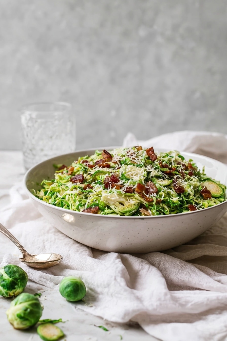 A large white bowl filled with shredded green Brussels sprouts forming the base layer, topped evenly with small brown crispy bacon pieces scattered across, and finished with a light sprinkling of finely grated white cheese on top. The bowl sits on a white cloth with a few whole and sliced Brussels sprouts nearby, and the background shows a clear glass and a spoon resting on the side. The scene is set on a white marbled surface with a soft, neutral gray backdrop. photo taken with an iphone --ar 2:3 --v 7 - Shredded Brussels Sprouts Salad with Bacon and Asiago, Brussels Sprouts Salad with Bacon and Asiago, Easy Brussels Sprouts Salad, Bacon and Asiago Brussels Sprouts, Healthy Brussels Sprouts Salad