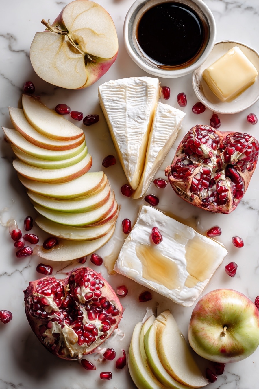 Flat lay of thinly sliced sweet onions with golden caramelized edges, crisp pale green and red apple slices showing their juicy texture, smooth wedges of creamy white brie cheese with soft rind, scattered bright ruby red pomegranate arils adding vibrant color, glossy dark pomegranate molasses drizzled in a gentle swirl, and a small pat of rich golden butter, all naturally arranged with some whole onions and a couple of fresh apple halves for depth, placed on white marbled surface, photo taken with an iphone --ar 2:3 --v 7 - Apple Brie & Caramelized Onion Tart with Pomegranate, savory apple tart with brie and caramelized onions, elegant pomegranate tart recipe, easy fruit and cheese tart, festive puff pastry tart