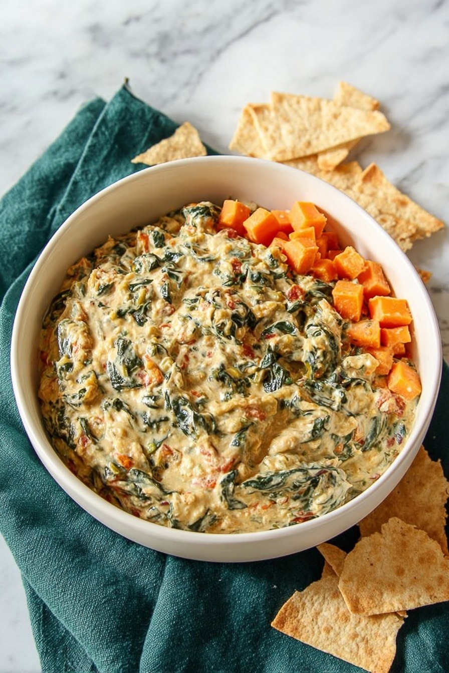 A white bowl filled with a creamy, thick mixture of light beige and green, showing bits of leafy greens and small chunks of other ingredients mixed in. On one side of the bowl, there are several bright orange cooked vegetable cubes arranged neatly. The bowl sits on a dark green cloth, which is placed on a white marbled surface. Around the bowl, there are thin, crisp, rectangular crackers fanned out. The overall look is fresh and inviting. photo taken with an iphone --ar 2:3 --v 7 - Roasted Butternut Squash Spinach Dip, Butternut Squash Dip, Spinach Dip for Parties, Creamy Veggie Dip, Fall Vegetarian Dip