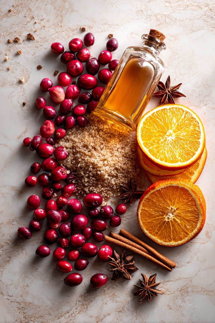 Flat lay of fresh bright red cranberries, glossy and round, scattered near a few cinnamon sticks with their warm brown, textured bark, alongside two dark brown star anise pods with their star shape and smooth surface, vibrant orange slices with bright orange rind and juicy pulp, a small pile of rich brown sugar crystals, some freshly grated nutmeg showing warm beige specks, golden amber apple cider in a glass pitcher catching the light, and a bottle of ginger beer with subtle bubbles visible through the clear glass, all beautifully arranged with natural spacing and slight overlaps, placed on white marbled surface, photo taken with an iphone --ar 2:3 --v 7 - Cranberry Cider Punch, festive punch recipes, autumn holiday drinks, easy holiday punch, cranberry cider cocktail