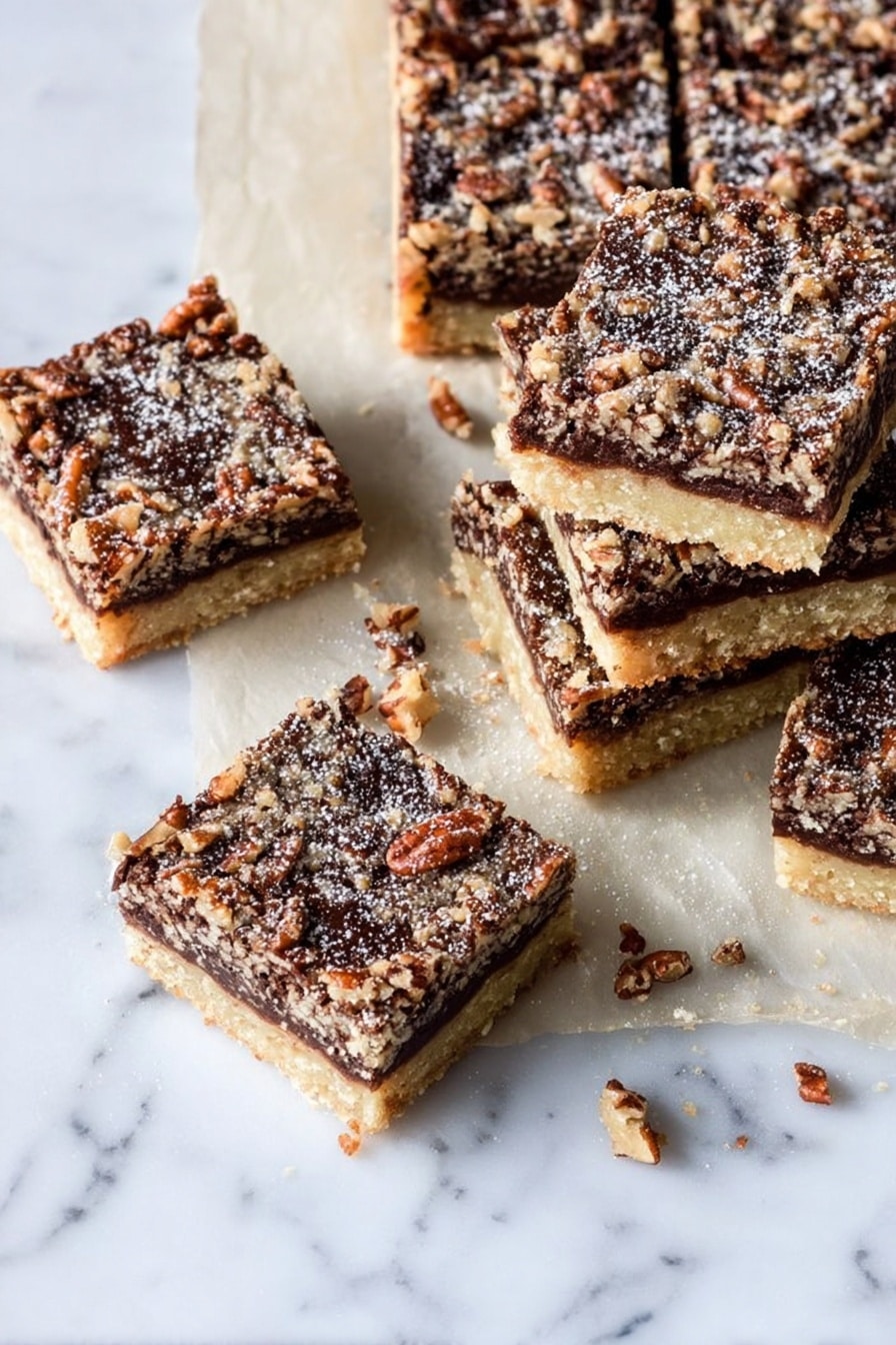 The image shows a stack of four square dessert bars on a white marbled surface. Each bar has two layers: the bottom layer is thick and light beige with a crumbly texture, while the top layer is darker brown, dense, and mixed with small chunks of nuts and chocolate pieces. The bars have slightly rough edges and a few crumbs scattered around them, emphasizing their crumbly texture. Photo taken with an iphone --ar 2:3 --v 7 - Salted Chocolate Pecan Pie Bars, pecan pie bars with chocolate and sea salt, easy pecan and chocolate bar dessert, decadent pecan bars with salt, sweet and salty chocolate pecan bars