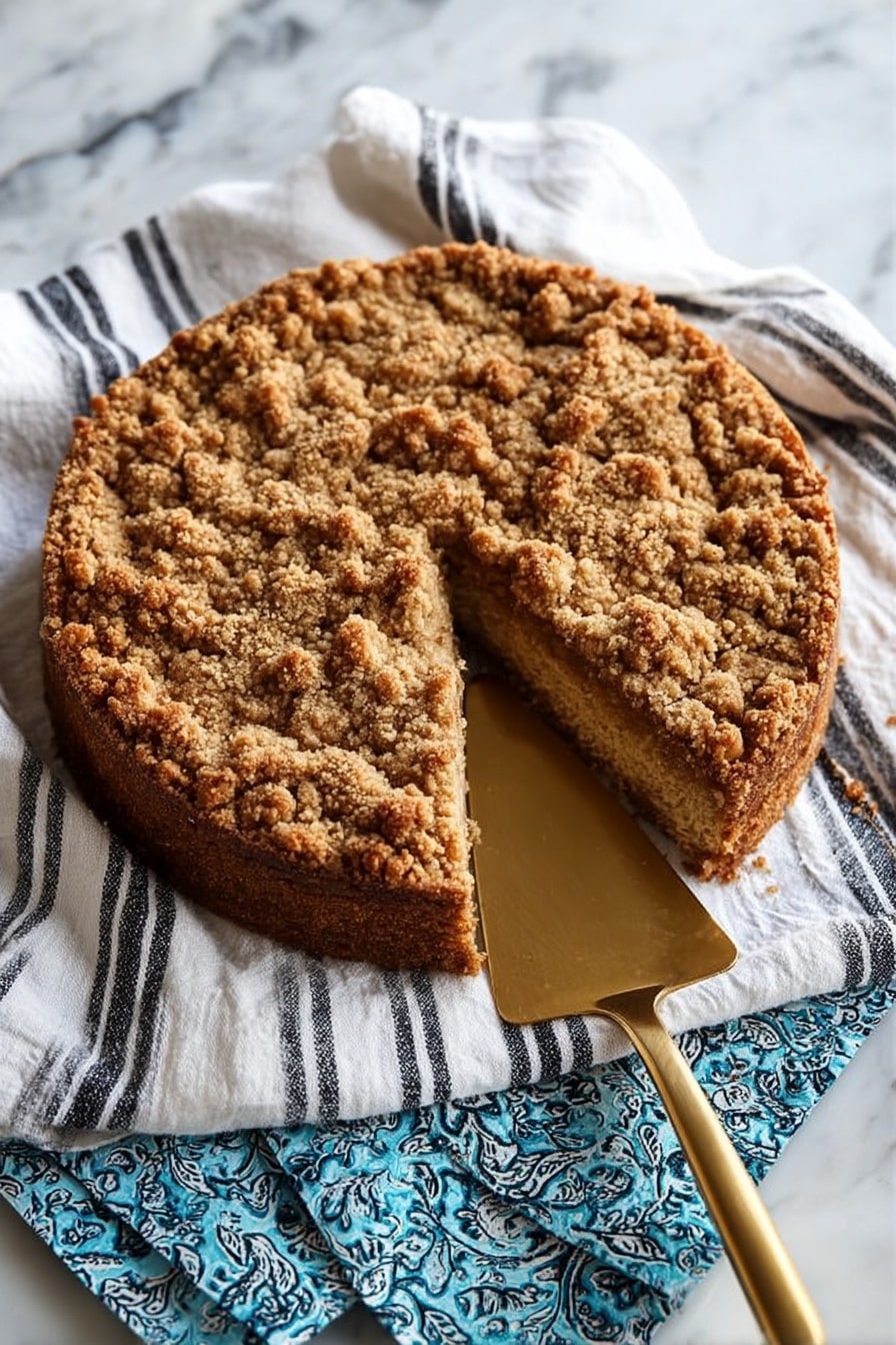 A single slice of crumb cake is placed on a white plate with a thin gold rim. The crumb cake has a thick, rough textured brown crumb layer on top and a dense cake layer beneath it. On top of the cake is a perfectly round scoop of light beige ice cream, smooth in texture and slightly melting over the edge of the cake. A golden fork sits to the right of the cake slice on the plate. The background is a white marbled surface with a blurred whole crumb cake and a blue patterned cloth in the distance, creating a soft, inviting setting. Photo taken with an iphone --ar 2:3 --v 7 - Pumpkin Coffee Cake with Chai Ice Cream,Summer Fall dessert recipes, cozy fall desserts, pumpkin spice desserts, chai flavored ice cream
