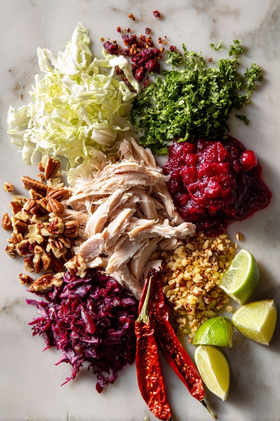 Flat lay of bright red leftover cranberry sauce in a small dollop, fresh green chopped parsley scattered loosely, thinly sliced crisp white and pale purple cabbage layered delicately, small heap of toasted golden-brown mixed nuts and seeds including pecans and sesame seeds, finely chopped golden-brown leftover stuffing pieces, rich dark roasted shredded turkey with visible texture, fresh lime wedges glowing with juicy green and yellow tones, and a few vibrant red chipotle chiles with glossy adobo sauce drops, placed on white marbled surface, photo taken with an iphone --ar 2:3 --v 7 - Thanksgiving Leftover Tacos, leftover turkey ideas, Thanksgiving dinner ideas, easy holiday leftovers, festive taco recipes