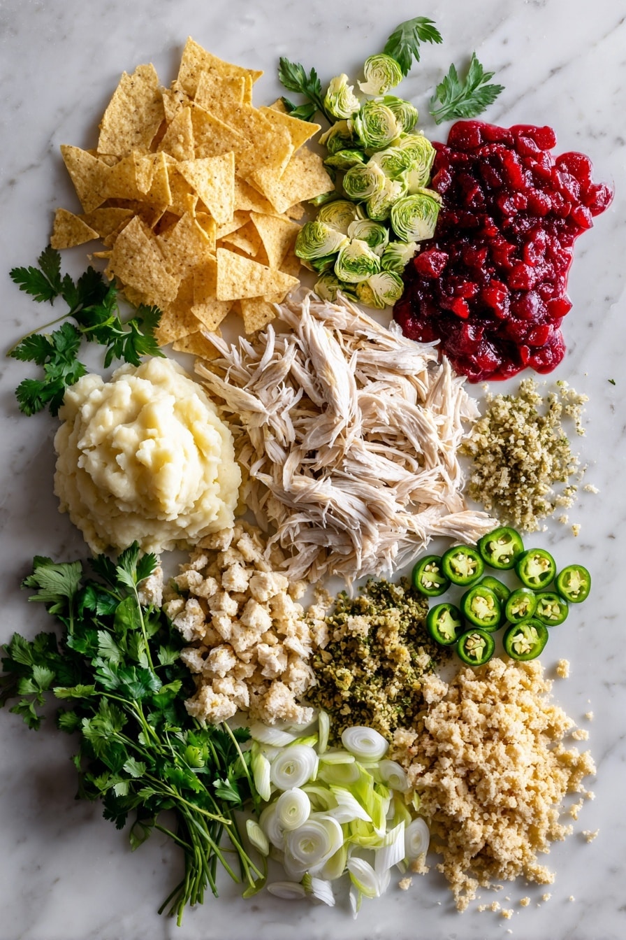 Flat lay of golden crispy tortilla chips scattered among creamy mashed potatoes with a smooth, velvety texture, tender shredded turkey with light brown and white hues, vibrant green shredded Brussels sprouts adding freshness, bright red whole cranberry sauce glistening with a glossy shine, thinly sliced fresh jalapeño rings in vivid green, fresh cilantro leaves in rich dark green, thinly sliced scallions with white and light green layers, and small piles of crumbly, golden brown stuffing, all naturally arranged with casual elegance, placed on white marbled surface, photo taken with an iphone --ar 2:3 --v 7 - Friendsgiving Nachos, Thanksgiving Nachos, Holiday Nachos, Fall Party Snacks, Leftover Nachos