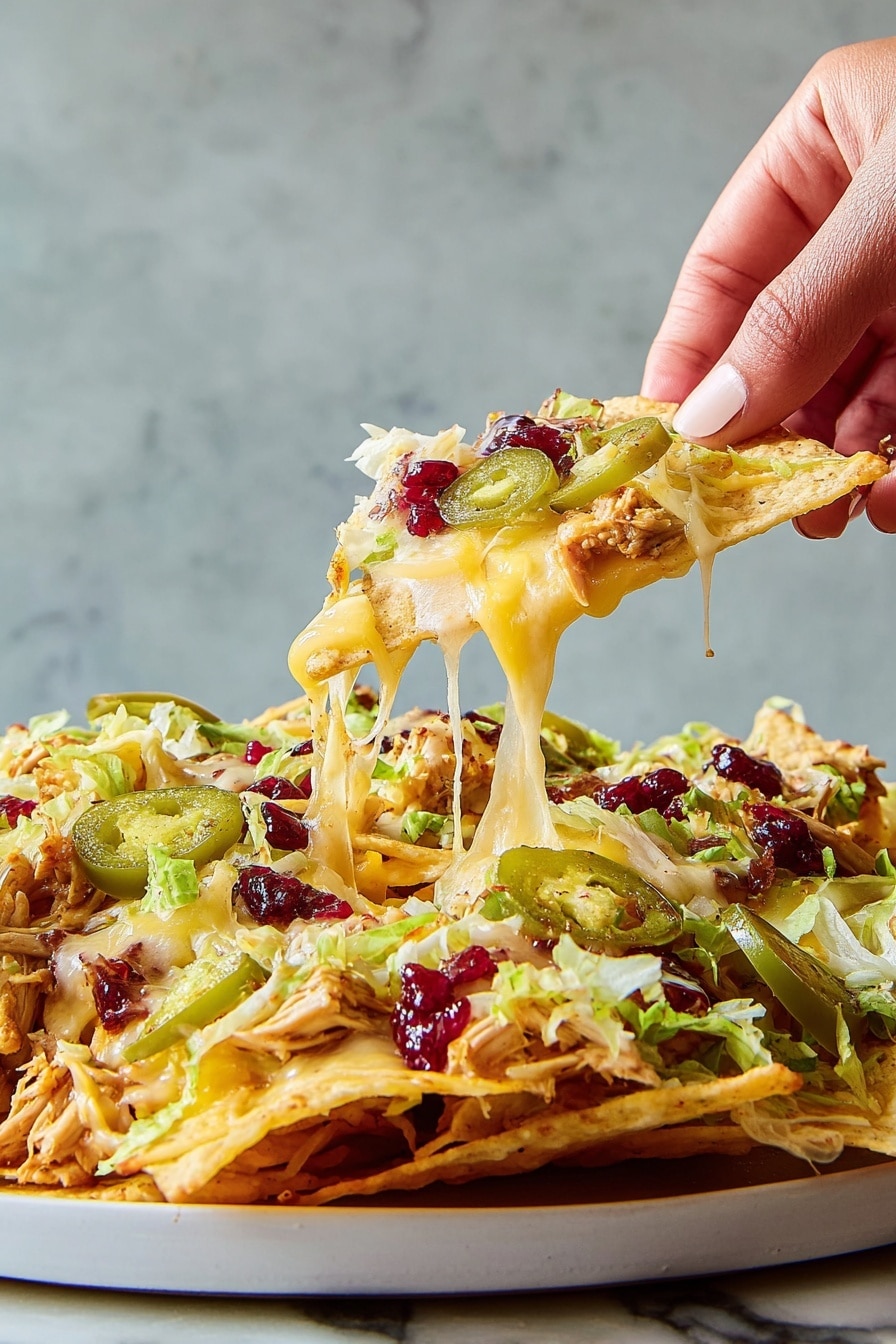 A woman's hand is lifting a triangular slice of nachos from a white plate filled with layers. The base layer is pale yellow crispy chips, topped with melted yellow and white cheese that stretches in long strings. Scattered over the cheese are pieces of light brown turkey, bright green jalapeño slices, and shredded green lettuce. Dark red cranberry sauce dots the surface in small amounts, adding spots of color. The plate sits on a white marbled surface with a soft gray background. photo taken with an iphone --ar 2:3 --v 7 - Friendsgiving Nachos, Thanksgiving Nachos, Holiday Nachos, Fall Party Snacks, Leftover Nachos