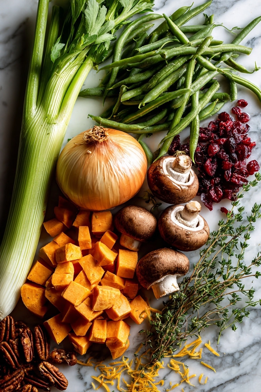 Flat lay of fresh yellow onion with its papery layers, crisp green celery stalks with vibrant leaves, bright orange sweet potatoes cut into cubes, deep green trimmed green beans, earthy brown crimini mushrooms with smooth caps, bright red dried cranberries adding a pop of color, glossy fresh parsley leaves, and whole toasted pecans with rich brown tones, all naturally arranged with some scattered thyme leaves and orange zest strands adding fine texture, placed on white marbled surface, photo taken with an iphone --ar 2:3 --v 7 - Sheet-Pan Thanksgiving Dinner, Thanksgiving dinner ideas, easy holiday dinner, one-pan Thanksgiving, holiday meal prep