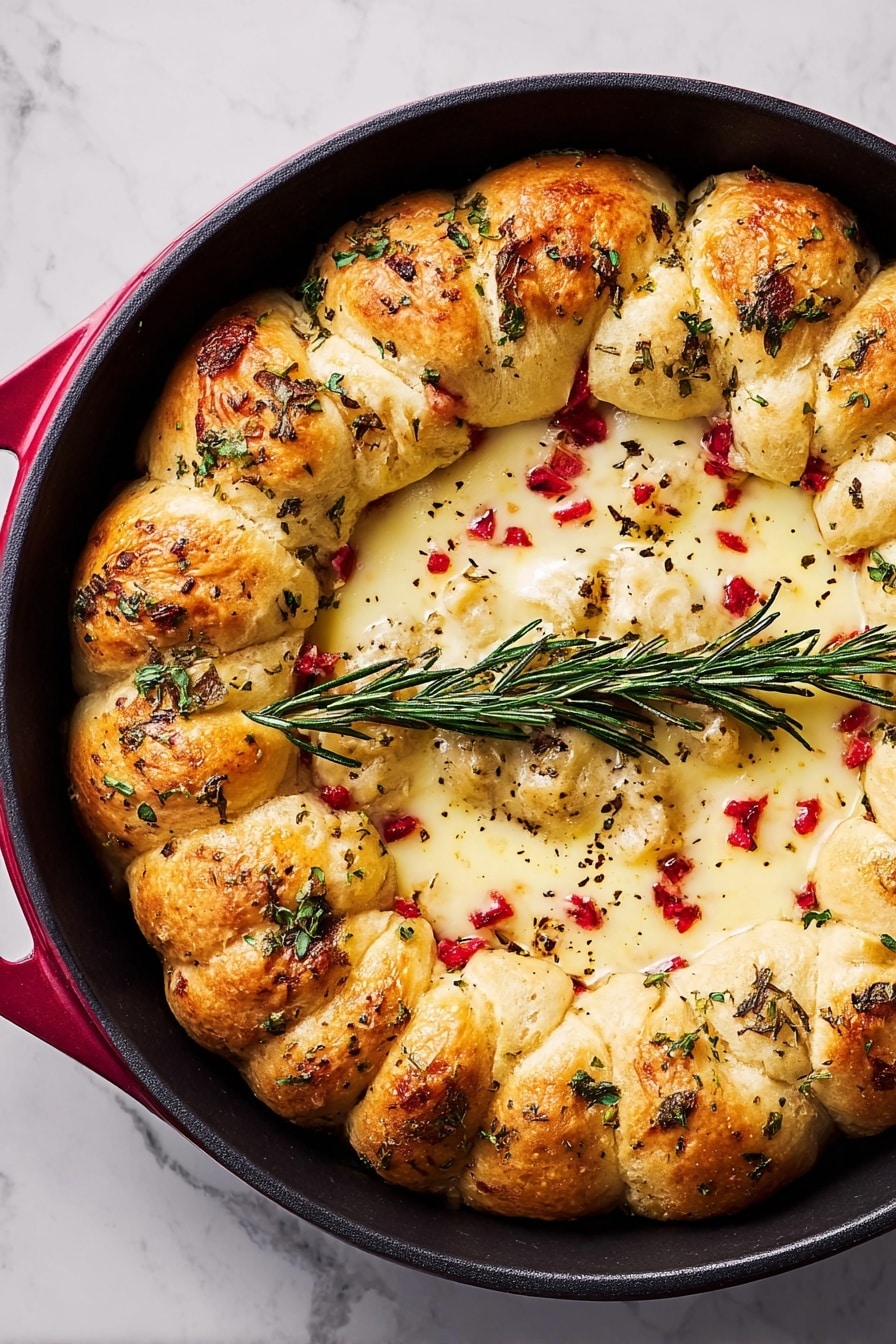 A round pan filled with puffed, golden-brown bread balls arranged in a ring around the edge, each sprinkled with green herbs. The center contains melted creamy cheese with small bits of red pepper spread throughout, topped with a few sprigs of fresh rosemary. The bread balls have a slightly shiny, flaky texture and the cheese looks smooth and soft. The pan sits on a white marbled surface. photo taken with an iphone --ar 2:3 --v 7 - Cranberry Brie Biscuit Dip, festive appetizer, easy holiday dip, cheesy cranberry dip, warm holiday appetizer