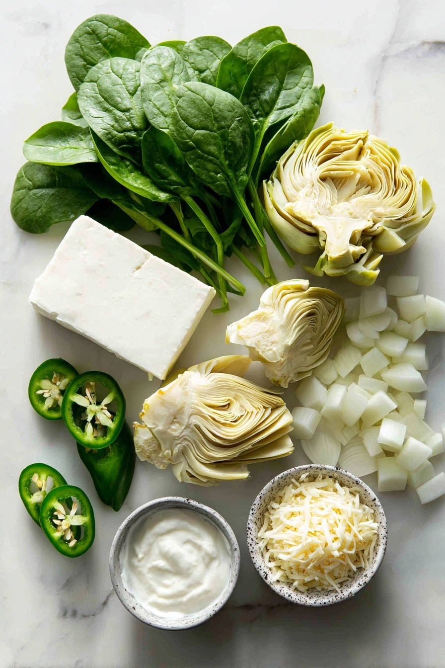 Flat lay of fresh vibrant green spinach leaves with their delicate texture, bright green jalapeño pepper sliced to reveal seeds, pale yellow diced onion pieces showing their crisp layers, tender marinated artichoke hearts chopped into chunks with soft creamy edges, smooth white cream cheese block with a slight sheen, a small bowl of thick plain Greek yogurt, shredded mozzarella cheese scattered in soft white strands, and a pile of grated parmesan cheese with its fine granular texture, all naturally arranged in an inviting, slightly overlapping pattern, placed on white marbled surface, photo taken with an iphone --ar 2:3 --v 7 - Creamy Jalapeño Spinach Artichoke Dip, cheesy spicy spinach artichoke dip, quick hot spinach dip, cheesy jalapeño dip with greens, easy spinach artichoke appetizer