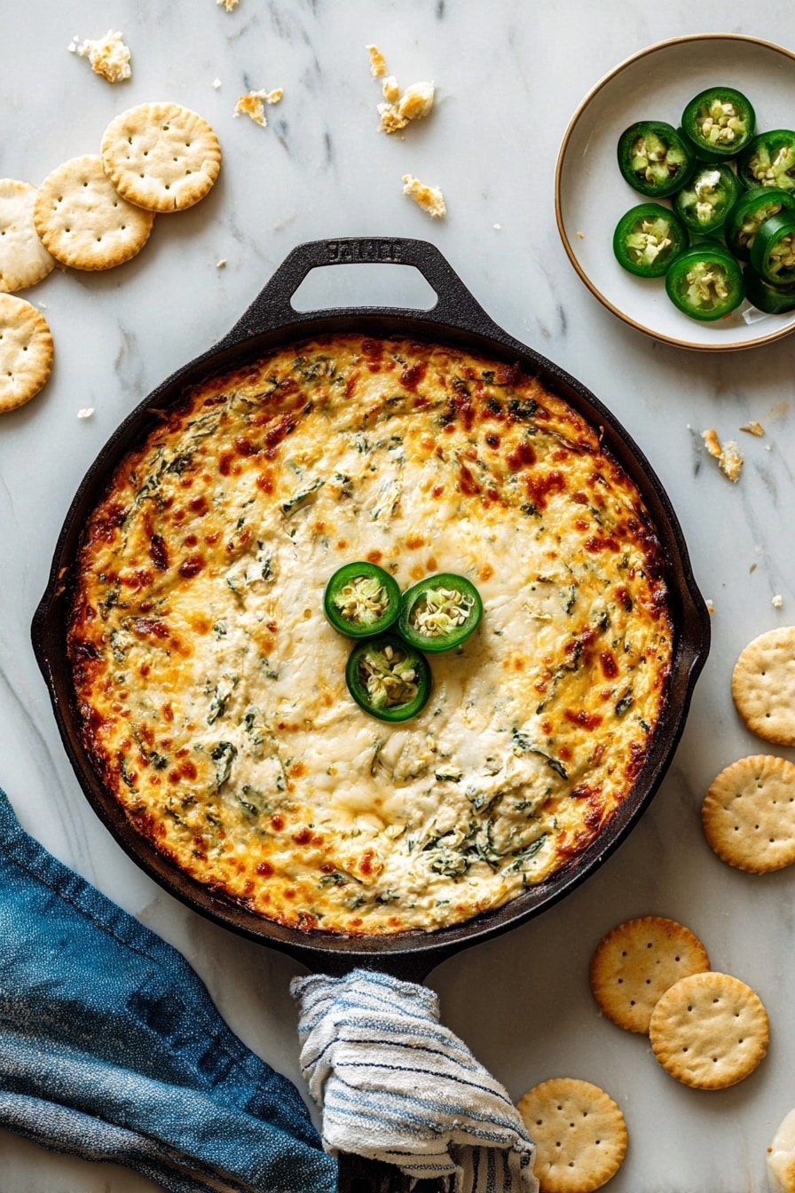 A skillet filled with a cheesy spinach artichoke dip, showing two main layers: the bottom creamy white and green mixture of spinach and artichoke, and the top golden brown melted cheese layer with crispy spots. Three bright green slices of jalapeño are placed on one side of the cheese. A silver spoon scoops part of the dip, revealing the creamy inside with chunks of artichoke and spinach showing under the cheese. A woman's hand holding a blue and white striped cloth is visible holding the skillet handle. The dish is set on a white marbled surface with a small piece of cracked flatbread in the corner photo taken with an iphone --ar 2:3 --v 7 - Creamy Jalapeño Spinach Artichoke Dip, cheesy spicy spinach artichoke dip, quick hot spinach dip, cheesy jalapeño dip with greens, easy spinach artichoke appetizer