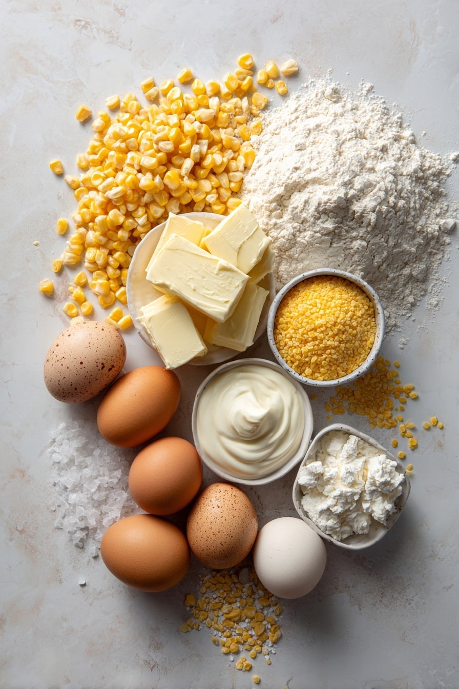 Flat lay of bright yellow whole kernel corn, creamy white creamed corn with a smooth texture, fresh pale yellow unsalted butter blocks melting softly, smooth white sour cream dollops, golden yellow cornmeal grains scattered naturally, light beige all-purpose flour mounded gently, raw brown-speckled eggs with shiny shells, and sparkling white granulated sugar crystals, all beautifully arranged with contrasting colors and textures, placed on white marbled surface, photo taken with an iphone --ar 2:3 --v 7 - Spoon Bread, Southern spoon bread, creamy corn pudding, easy Southern side dish, comfort food recipes
