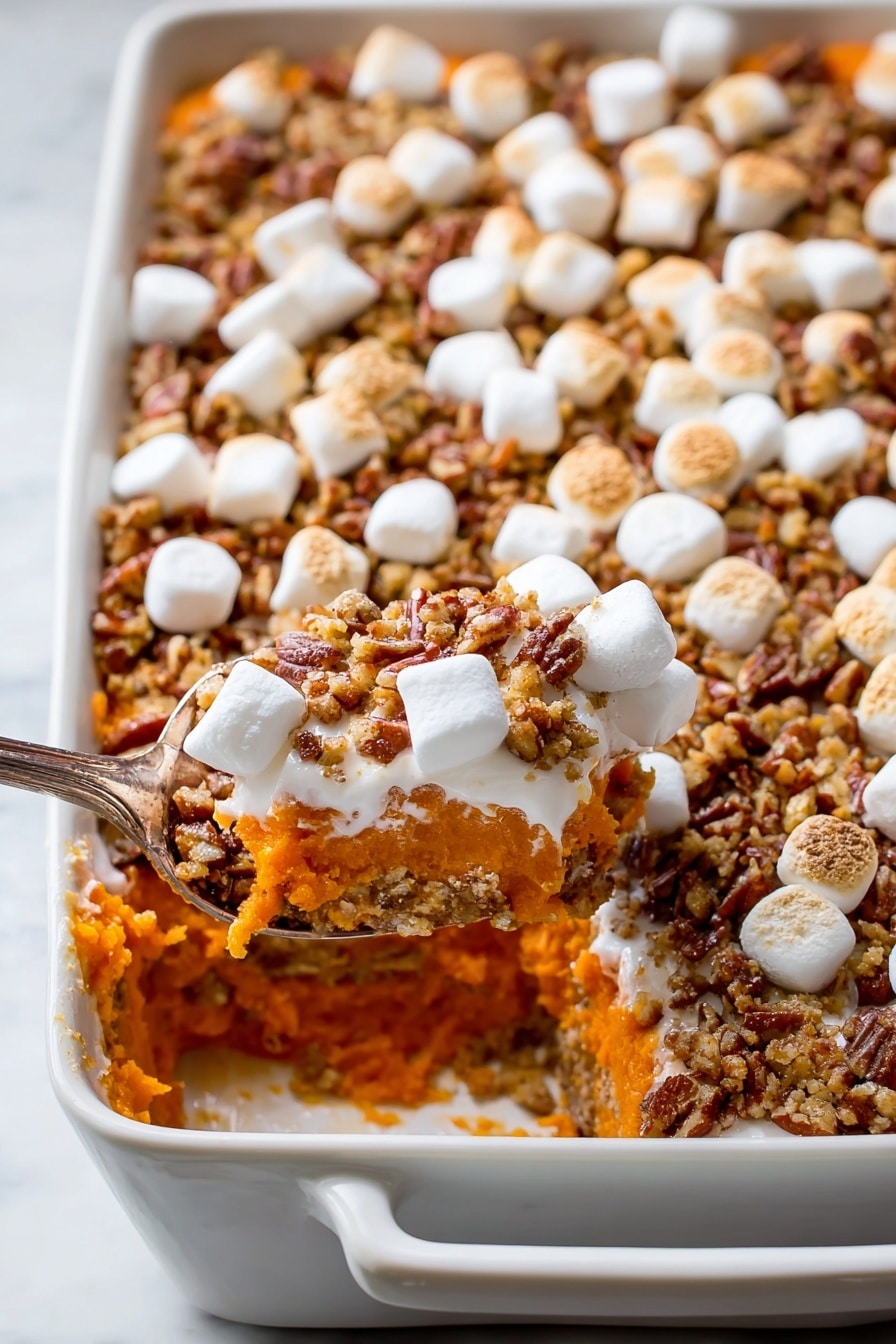 A white baking dish filled with a layered dessert, showing an orange mashed base with a soft texture. Above it, there is a crumbly brown layer mixed with chopped pecans, giving a rough texture. The topmost layer is covered with small, toasted marshmallows scattered evenly, some light brown on the edges. A metal spoon is digging into the dessert from the bottom left, lifting part of the layers to show the soft orange base and the topping mix photo taken with an iphone --ar 2:3 --v 7 - Sweet Potato Casserole with Marshmallows and Pecan Streusel, holiday sweet potato casserole, baked sweet potato side dish, marshmallow pecan casserole, festive sweet potato dessert