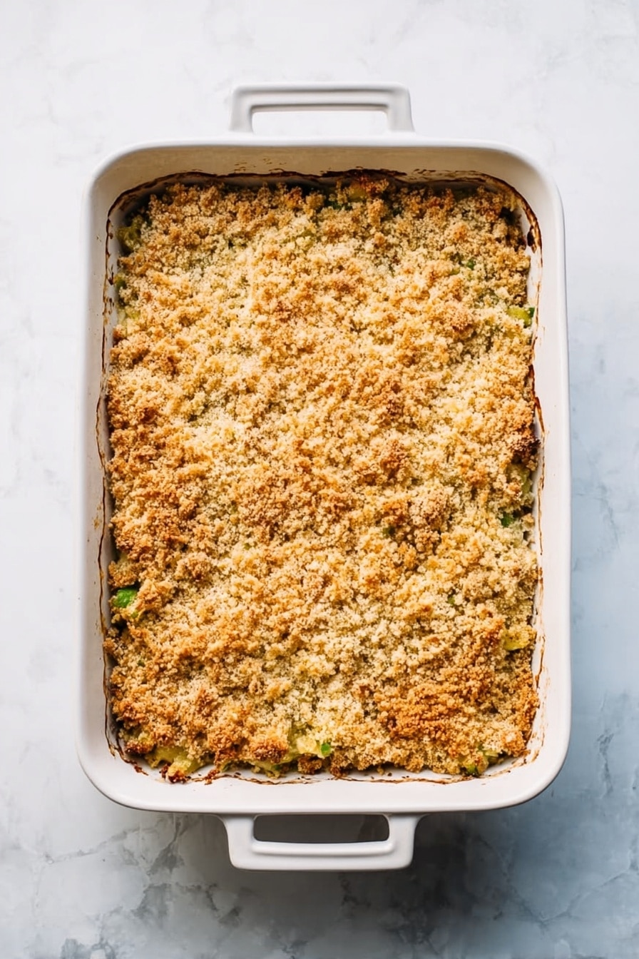 The image shows a white rectangular baking dish filled with a baked casserole that has a golden-brown crumbly topping. One corner has been scooped out using a large silver spoon resting inside the dish, revealing the layers beneath. The top layer is a textured, light brown crispy crumb, beneath which you can see a mix of green and creamy yellow ingredients, likely vegetables and sauce, mixed together in a soft, slightly chunky texture. The dish is placed on a white marbled surface. photo taken with an iphone --ar 2:3 --v 7 - Cheesy Zucchini Bake with Gruyère and Parmesan, zucchini casserole with cheese, cheesy vegetable bake, easy zucchini recipes, baked zucchini with cheese