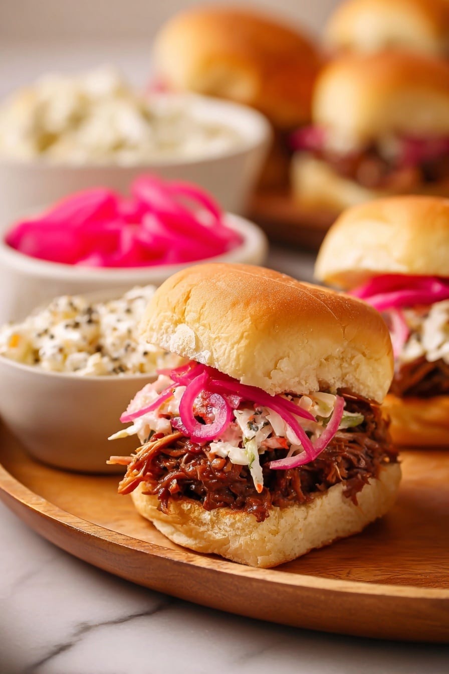 The image shows four small sliders on a round wooden plate, each made with soft, light brown sandwich buns. Each slider has three layers: the bottom bun is a soft, pale yellow color; the middle layer is a pile of dark reddish-brown shredded meat; the top layer has white coleslaw mixed with thin slices of bright pink pickled onions. One slider in the front is open, showing clear detail of the meat and toppings. The plate rests on a wooden surface with a light tone. In the background, there are bowls with more pickled onions and coleslaw, all on a white marbled texture. photo taken with an iphone --ar 2:3 --v 7 - Leftover Turkey Sliders, Turkey Sliders with Cranberry BBQ Sauce, Easy Turkey Slider Recipe, Holiday Leftover Sandwiches, Juicy Turkey Sliders