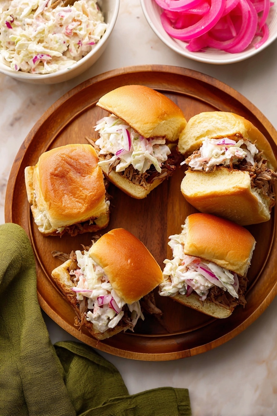 A close-up view shows a small sandwich on a soft golden-brown bun. The sandwich has three visible layers: the bottom bun, a middle layer of shredded dark brown meat with a slightly shiny texture, and a top layer of thin, bright pink pickled onions with some white coleslaw peeking through. The sandwich sits on a round wooden plate with more similar sandwiches in the background. A white bowl with creamy coleslaw speckled with black pepper and another white bowl filled with bright pink pickled onions are also partially visible. The setting is on a white marbled surface. photo taken with an iphone --ar 2:3 --v 7 - Leftover Turkey Sliders, Turkey Sliders with Cranberry BBQ Sauce, Easy Turkey Slider Recipe, Holiday Leftover Sandwiches, Juicy Turkey Sliders
