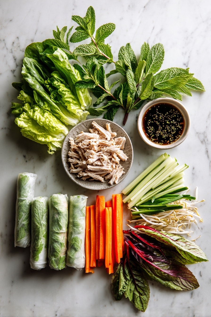 Flat lay of eight round spring roll wrappers, a small pile of shredded leftover turkey, eight medium butter leaf lettuce leaves in red and green hues, thin strips of bright orange carrot, thin strips of pale green cucumber, a generous handful of fresh bean sprouts, a small bunch of fresh mint leaves, and a small bowl of dipping sauce, all neatly arranged and placed on a white marble surface, photo taken with an iphone --ar 2:3 --v 7 - Leftover Turkey Spring Rolls, Turkey leftover recipes, Spring roll ideas with turkey, Healthy leftover turkey snacks, Easy holiday leftover meals