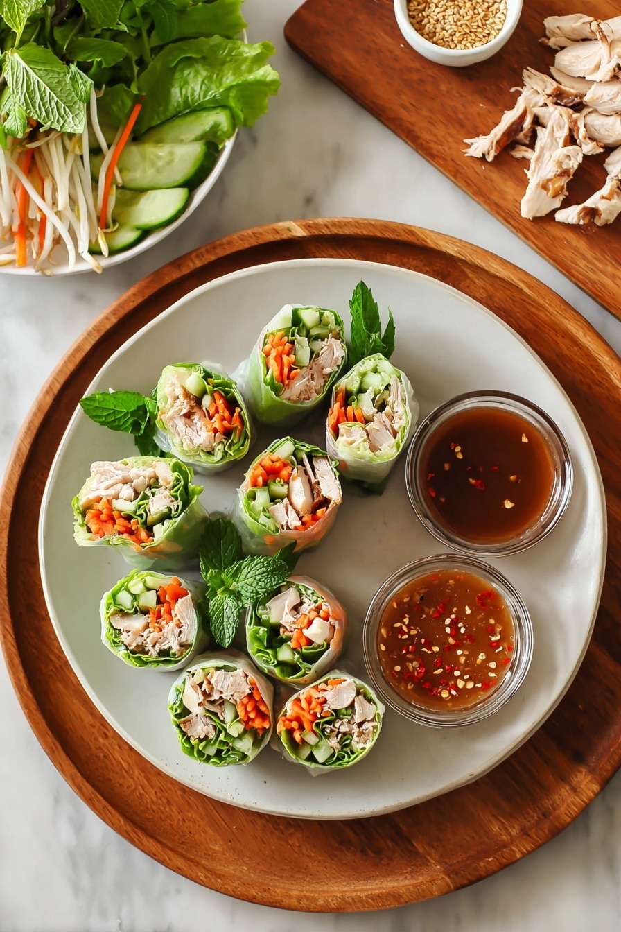 The image shows a white plate with nine fresh spring rolls arranged around two small glass bowls of dipping sauces, one brown with crushed peanuts and one red with chili flakes. Each spring roll has three visible layers inside: bright green lettuce on the outside, a middle layer of orange carrot strips and pale green cucumber sticks, and an inner layer with light and dark beige pieces of cooked chicken. A few whole mint leaves peek out from some rolls, adding a deep green touch. The plate sits on a round wooden tray which is set on a white marbled surface. In the background to the left, a white plate with extra lettuce, mint, cucumber, and bean sprouts is partially visible, while to the right, a wooden cutting board holds some sliced cooked chicken and a small white bowl of sesame seeds. Photo taken with an iphone --ar 2:3 --v 7 - Leftover Turkey Spring Rolls, Turkey leftover recipes, Spring roll ideas with turkey, Healthy leftover turkey snacks, Easy holiday leftover meals