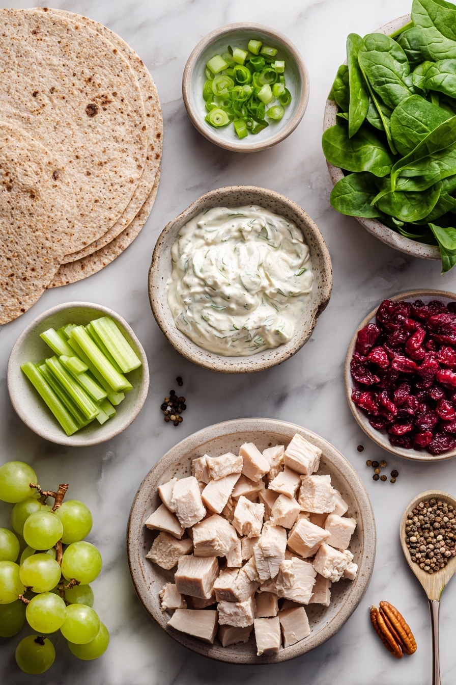 Flat lay of a small bowl of creamy mayonnaise, a smaller bowl of plain Greek yogurt, two chopped green onions, a few whole peppercorns and a pinch of salt, a generous pile of cubed cooked turkey breast, a small mound of thinly sliced celery, a handful of halved red grapes, a small spoonful of dried cranberries, a scattering of chopped pecans, four large whole-grain tortillas, and a large bunch of fresh baby spinach, placed on a white marble surface, photo taken with an iphone --ar 2:3 --v 7 - Healthy Turkey Salad Wrap, Turkey Salad Wrap, Healthy Wrap Recipes, Quick Lunch Ideas, Nutritious Turkey Sandwiches