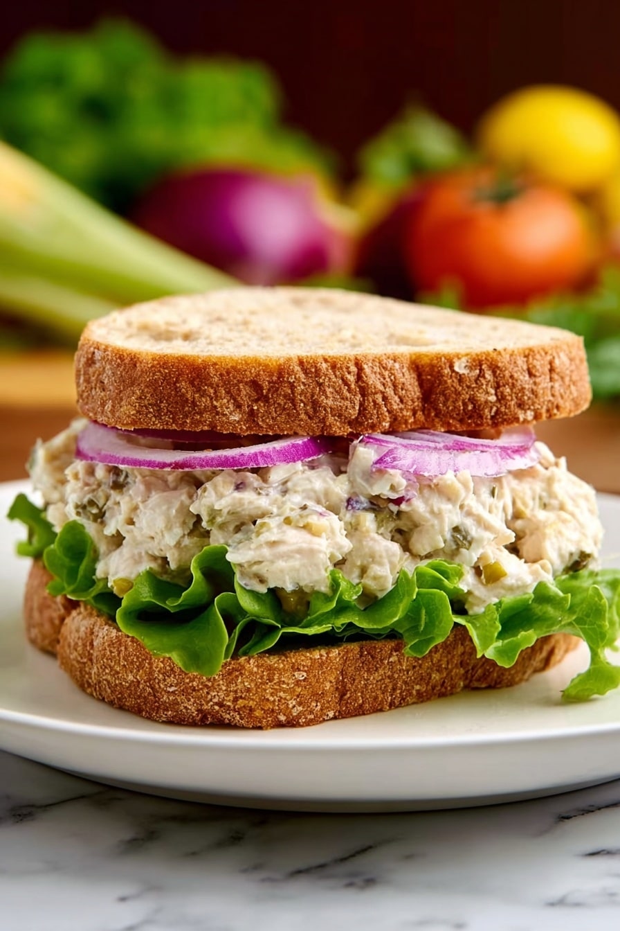 A sandwich on a white plate with two slices of whole wheat bread. The bottom layer has green lettuce leaves with frilled edges, topped by thin rings of purple onion. Above the onions, there is a thick, creamy white layer of chicken salad with small pieces visible. The top slice of bread is placed on the salad, showing a soft texture and light brown color. The background is a white marbled surface with blurred vegetables and ingredients. Photo taken with an iphone --ar 2:3 --v 7 - Turkey Salad, Easy Turkey Salad, Leftover Turkey Ideas, Quick Turkey Salad, Healthy Turkey Salad