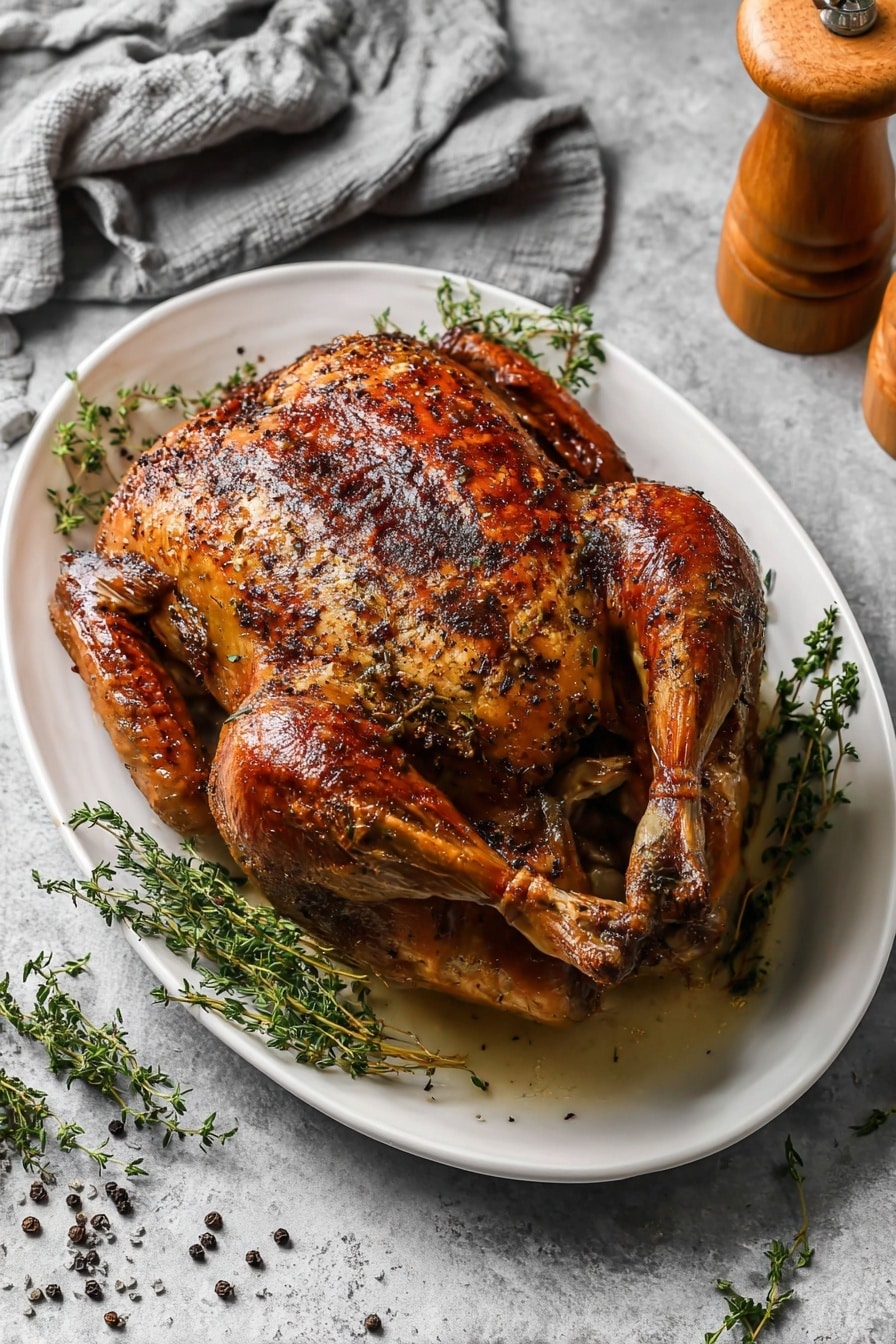 A white oval plate with roast turkey pieces arranged neatly on it, including two dark brown glossy turkey legs placed at the top right and the bottom left corner of the plate, and sliced golden-brown turkey breast laid out in the center and left side, showing juicy light meat inside with a textured crispy skin on the outside, sprinkled with small green herb leaves. The plate sits on a white marbled surface with a beige cloth partially visible in the top right corner and a white-handled gold fork on the left side, close to the plate. photo taken with an iphone --ar 2:3 --v 7 - Smoked Turkey, smoked turkey recipe, smoked turkey platter, how to smoke turkey, smoking turkey tips