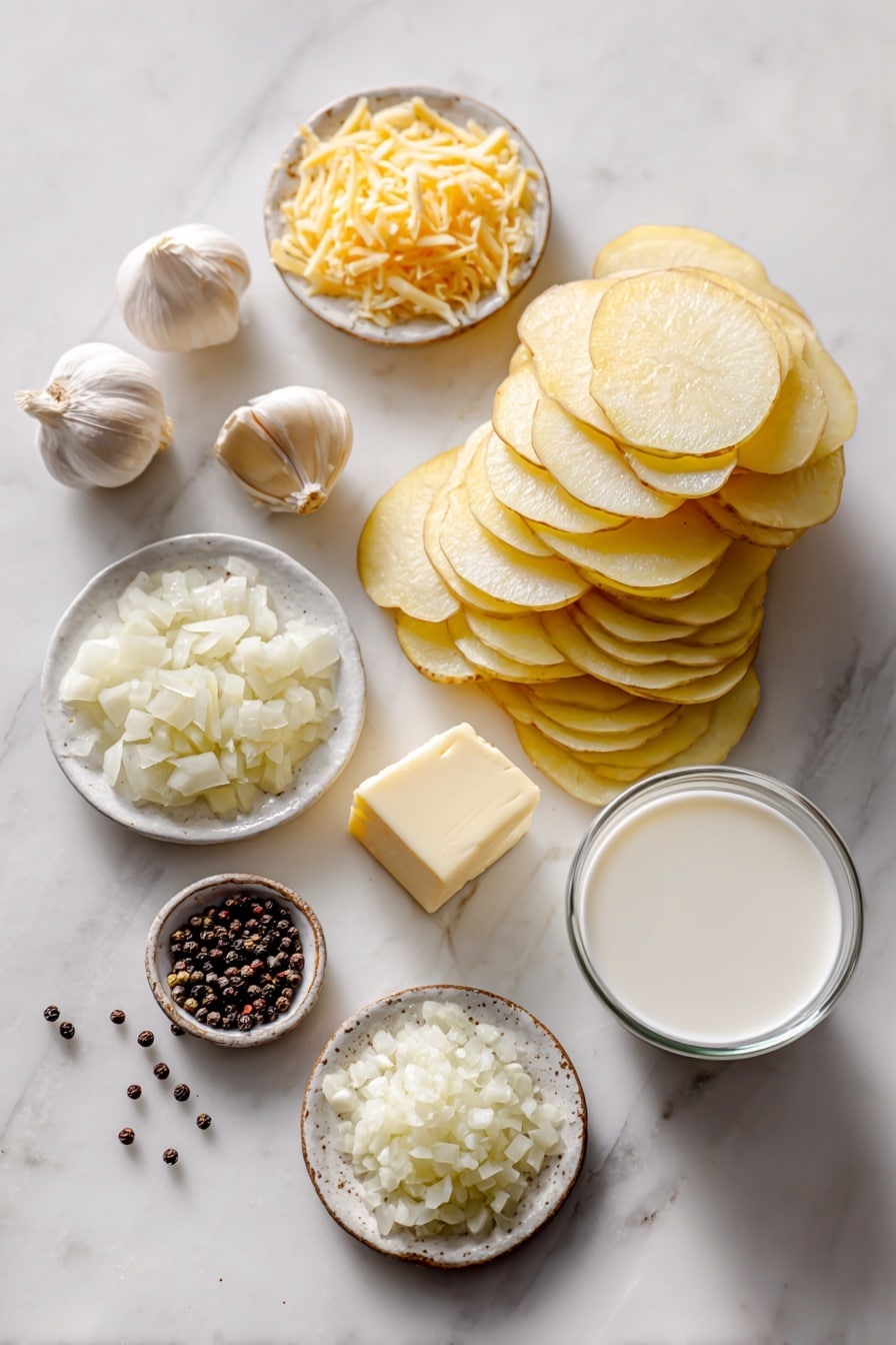 Flat lay of thinly sliced Yukon Gold potatoes stacked in neat piles, a small mound of shredded sharp cheddar cheese, a sprinkling of grated Parmesan cheese, a pat of golden unsalted butter, a pile of finely diced translucent onions, a small heap of minced garlic cloves, a splash of whole milk in a clear puddle, and a few cracked black peppercorns scattered delicately, all beautifully arranged on a white marble surface, photo taken with an iphone --ar 2:3 --v 7 - Homemade Scalloped Potatoes, scalloped potato casserole, cheesy scalloped potatoes, easy scalloped potatoes recipe, comforting potato side dish