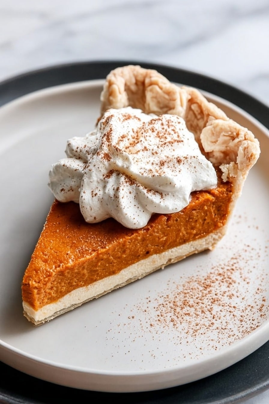 A pumpkin pie in a clear glass pie dish sits on a white marbled surface. The pie has a golden-brown crust with a wavy edge surrounding a smooth, dark orange filling. On top, there are ten swirls of white whipped cream clustered in the center, each sprinkled lightly with brown spice, likely cinnamon or nutmeg. Nearby, a small white bowl holds more whipped cream, and a black-handled pie server lays on the right side. A metal tea strainer rests on the left side of the pie. A light beige cloth is draped casually beside the pie. photo taken with an iphone --ar 2:3 --v 7 - Sweet Potato Pie with Spiced Filling and Fluffy Whipped Cream, fall dessert recipes, cozy pumpkin pie alternative, easy sweet potato pie, festive holiday desserts