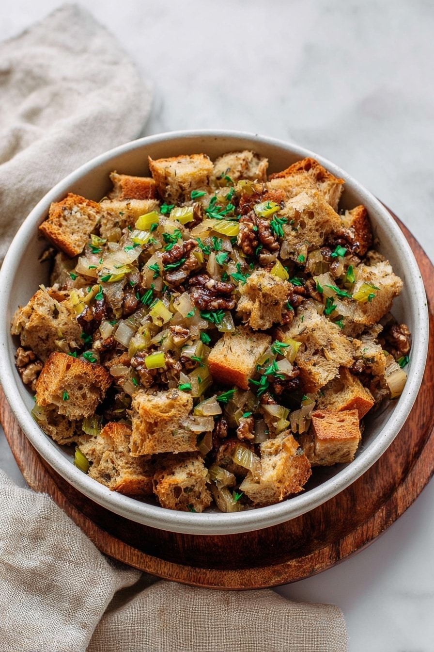 A white wooden bowl filled with a layered dish of toasted bread cubes in light brown color mixed with sautéed onions, chopped celery pieces, and dark brown nuts, all topped with small green herb pieces scattered throughout. The bread cubes have a crunchy texture while the onions and celery offer a softer, translucent layer, creating a mix of textures and earthy colors in the dish. The bowl sits on a white marbled surface with a beige cloth nearby. Photo taken with an iphone --ar 2:3 --v 7 - Crock Pot Apple Cranberry Stuffing with Nuts, holiday stuffing recipes, slow cooker stuffing, fall side dishes, easy Thanksgiving stuffing