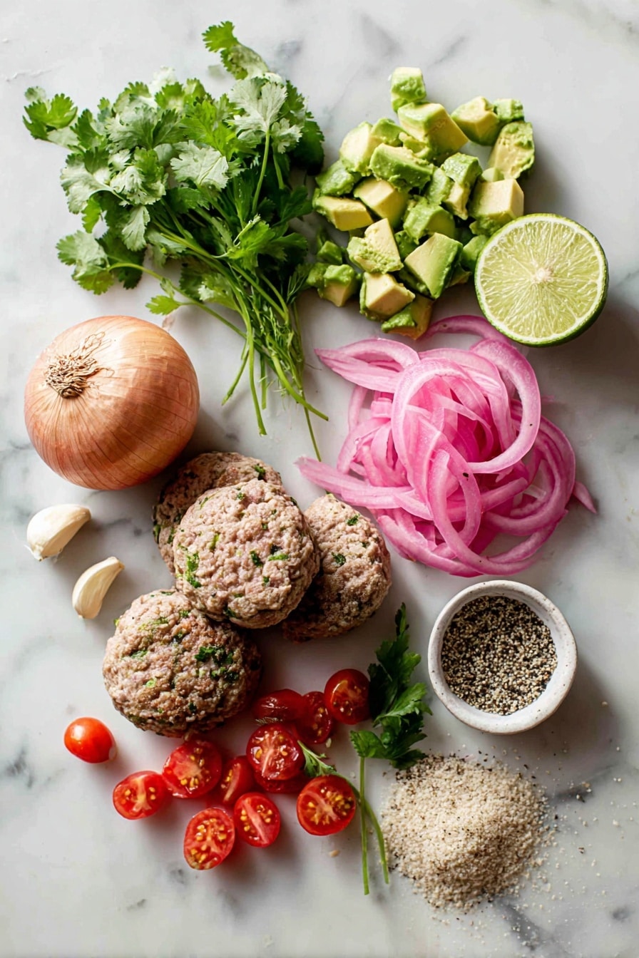 Flat lay of ground turkey shaped in loose patties, a whole shallot with some finely grated pieces, a peeled garlic clove grated, a small pile of seasoned bread crumbs, bright green chopped avocado combined with cubed pieces, vibrant red cherry tomatoes halved, fresh green cilantro leaves scattered, a halved lime showing its juicy interior, and some thinly sliced pink pickled onions, all beautifully arranged on a white marble surface, photo taken with an iphone --ar 2:3 --v 7 - Guacamole Turkey Burgers with Fresh Tomato-Cilantro Salsa, healthy turkey burger recipes, easy summer burger ideas, light and flavorful burger recipes, fresh salsa burger dishes