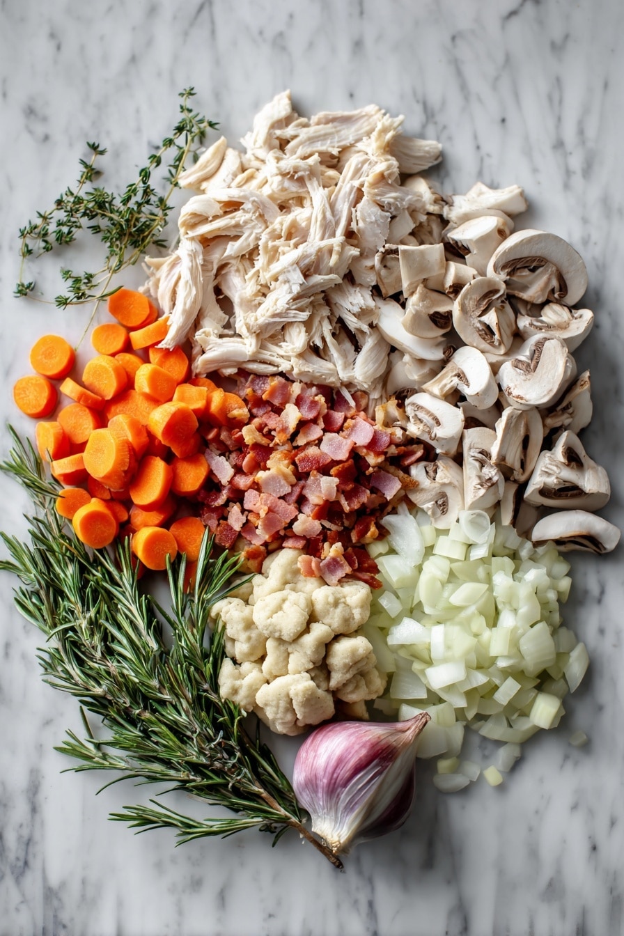 Flat lay of shredded cooked turkey breast, crispy chopped bacon, sliced cremini mushrooms, diced sweet onion, sliced carrots, minced garlic cloves, sprigs of fresh rosemary and thyme, and a small mound of pale dumpling dough, all beautifully arranged with a natural, fresh look, placed on a white marble surface, photo taken with an iphone --ar 2:3 --v 7 - Turkey and Mushroom Dumpling Stew, comforting turkey stew with mushrooms and dumplings, hearty turkey and mushroom skillet, cozy turkey mushroom hearty stew, easy turkey stew recipes