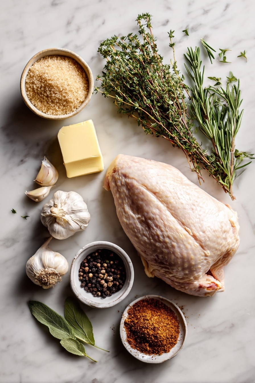 Flat lay of a bone-in turkey breast surrounded by softened unsalted butter, a small bowl of brown sugar, dried oregano sprigs, whole garlic cloves, smoked paprika powder in a neat mound, fresh mixed herbs including rosemary and thyme, and a small pile of black peppercorns, placed on a white marble surface, photo taken with an iphone --ar 2:3 --v 7 - Roasted Turkey Breast with Herb Butter and Rich Gravy, turkey breast with herb butter, roasted turkey recipe, turkey with homemade gravy, holiday turkey dinner