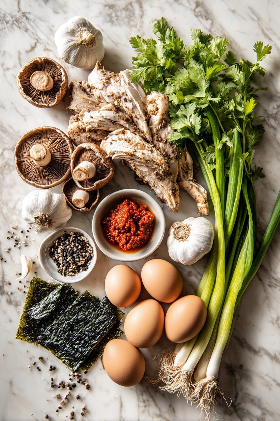 Flat lay of fresh shitake mushrooms with their rich brown caps, whole garlic cloves, sliced bright green scallions, soft boiled eggs with glossy yellow yolks and smooth white edges, roasted turkey pieces with golden-brown skin, vibrant red chili garlic paste dollops, dark green nori sheets, fresh cilantro sprigs, and black sesame seeds scattered delicately, all arranged beautifully on a white marble surface, photo taken with an iphone --ar 2:3 --v 7 - Roasted Turkey Ramen, turkey ramen recipe, cozy ramen bowls, homemade turkey ramen, easy turkey ramen recipe