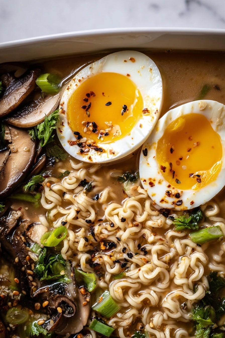 A close-up of a bowl filled with ramen noodles layered at the bottom in light tan color, topped with broth that has a warm brown hue. On top, there are slices of shiitake mushrooms with dark brown caps and lighter stems, scattered throughout. Two soft boiled eggs, halved, sit near the center, with bright white edges and rich yellow yolks softly oozing, sprinkled with black sesame seeds. There are small pieces of chopped green onions in bright green, and fresh cilantro leaves adding pops of vivid green color distributed around the bowl. The entire dish sits on a white marbled surface. Photo taken with an iphone --ar 2:3 --v 7 - Roasted Turkey Ramen, turkey ramen recipe, cozy ramen bowls, homemade turkey ramen, easy turkey ramen recipe