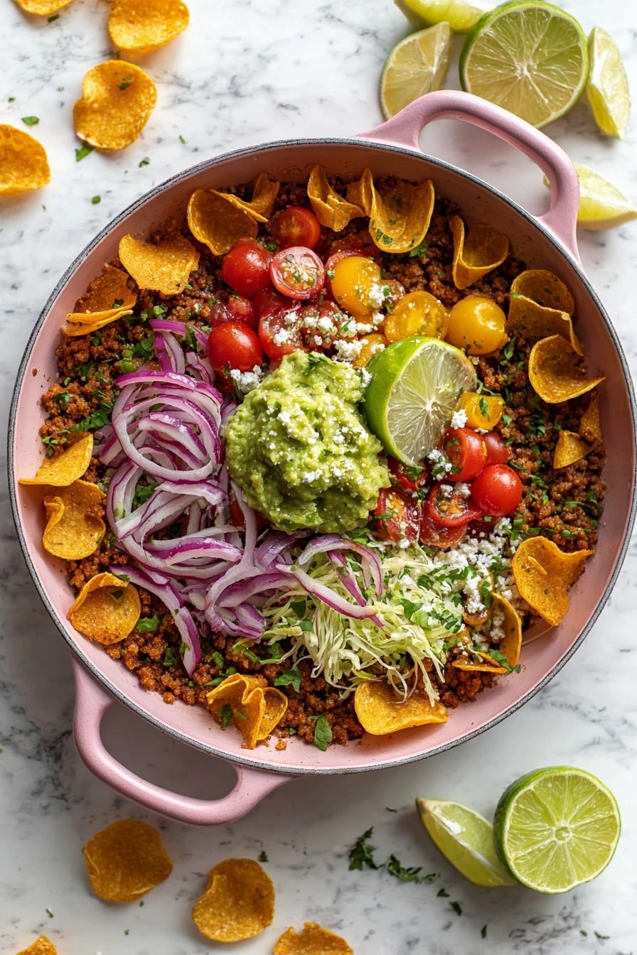 This image shows a close-up of a bowl with layers of food. The bottom layer in the bowl is a brown crumbly mix that looks like cooked meat or beans. On top of that is a layer of light green shredded lettuce. Above the lettuce, there are colorful slices of red and yellow cherry tomatoes mixed with fresh green cilantro leaves. Thin rings of bright pink pickled onions are placed on top, along with some white crumbly cheese sprinkled over the dish. A woman's hand is holding a round cracker with some of the food layers on it, hovering above the bowl. The bowl is white, and the background surface has a white marbled texture. photo taken with an iphone --ar 2:3 --v 7 - Turkey Taco Skillet, quick turkey taco dinner, healthy taco skillet, one-pan turkey taco recipe, easy turkey taco meal