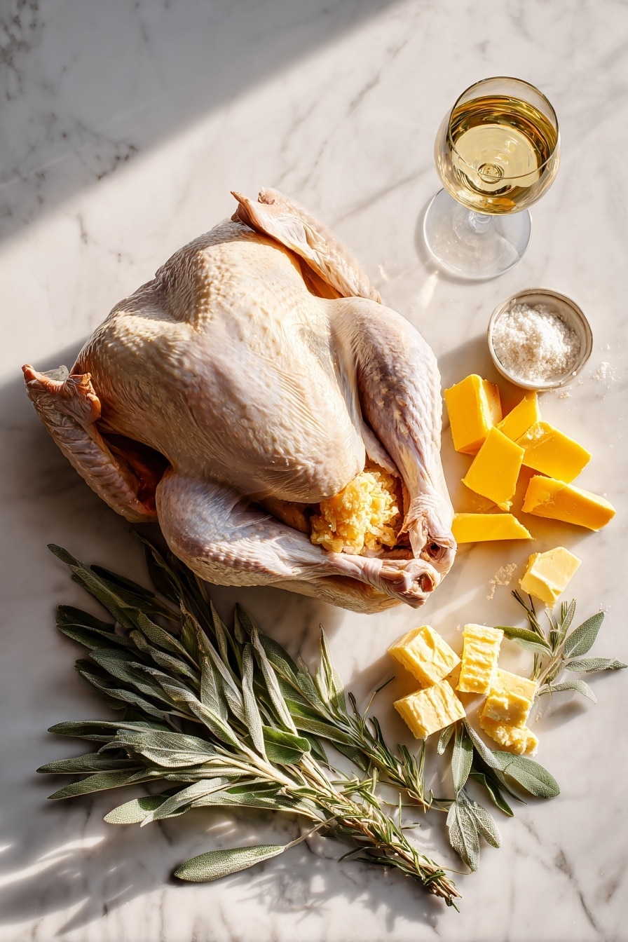 Flat lay of a whole butterball turkey with golden browned butter blocks, fresh bright orange rind strips, dried sage leaves scattered artfully, a small pile of pale yellow softened butter, a glass of pale golden Chardonnay, and fresh sage sprigs arranged elegantly, placed on a white marble surface, photo taken with an iphone --ar 2:3 --v 7 - Citrus Butter and Sage Roasted Turkey, roasted turkey with citrus and sage, flavorful holiday turkey recipe, crispy skin turkey roast, juicy holiday turkey