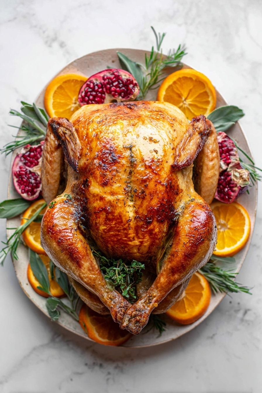A whole roasted golden-brown chicken with shiny crispy skin sits centered on a white plate. Around the chicken, bright orange slices and deep red pomegranate pieces are arranged along with green herb sprigs, adding fresh texture and color. The plate rests on a white marbled surface, giving a clean and elegant background. The chicken is plump with well-cooked wings and legs, and the herbs on top add a touch of green contrast. photo taken with an iphone --ar 2:3 --v 7 - Citrus Butter and Sage Roasted Turkey, roasted turkey with citrus and sage, flavorful holiday turkey recipe, crispy skin turkey roast, juicy holiday turkey